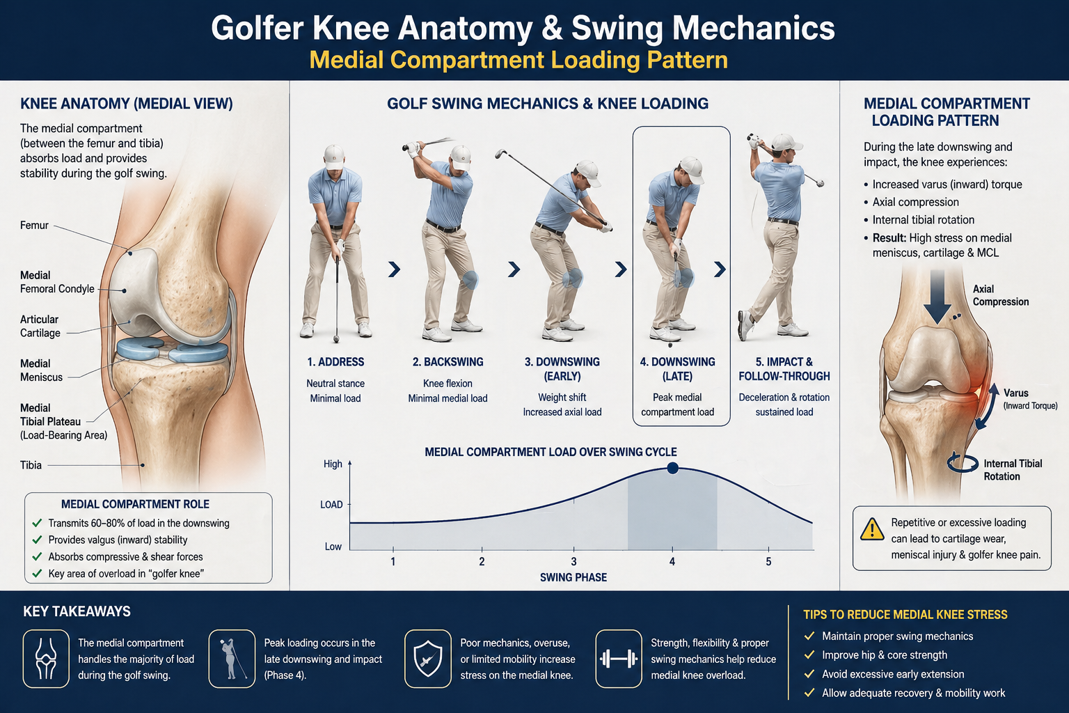 Golfer knee anatomy and swing mechanics — medial compartment loading pattern Golfer knee anatomy and swing mechanics — medial compartment loading pattern