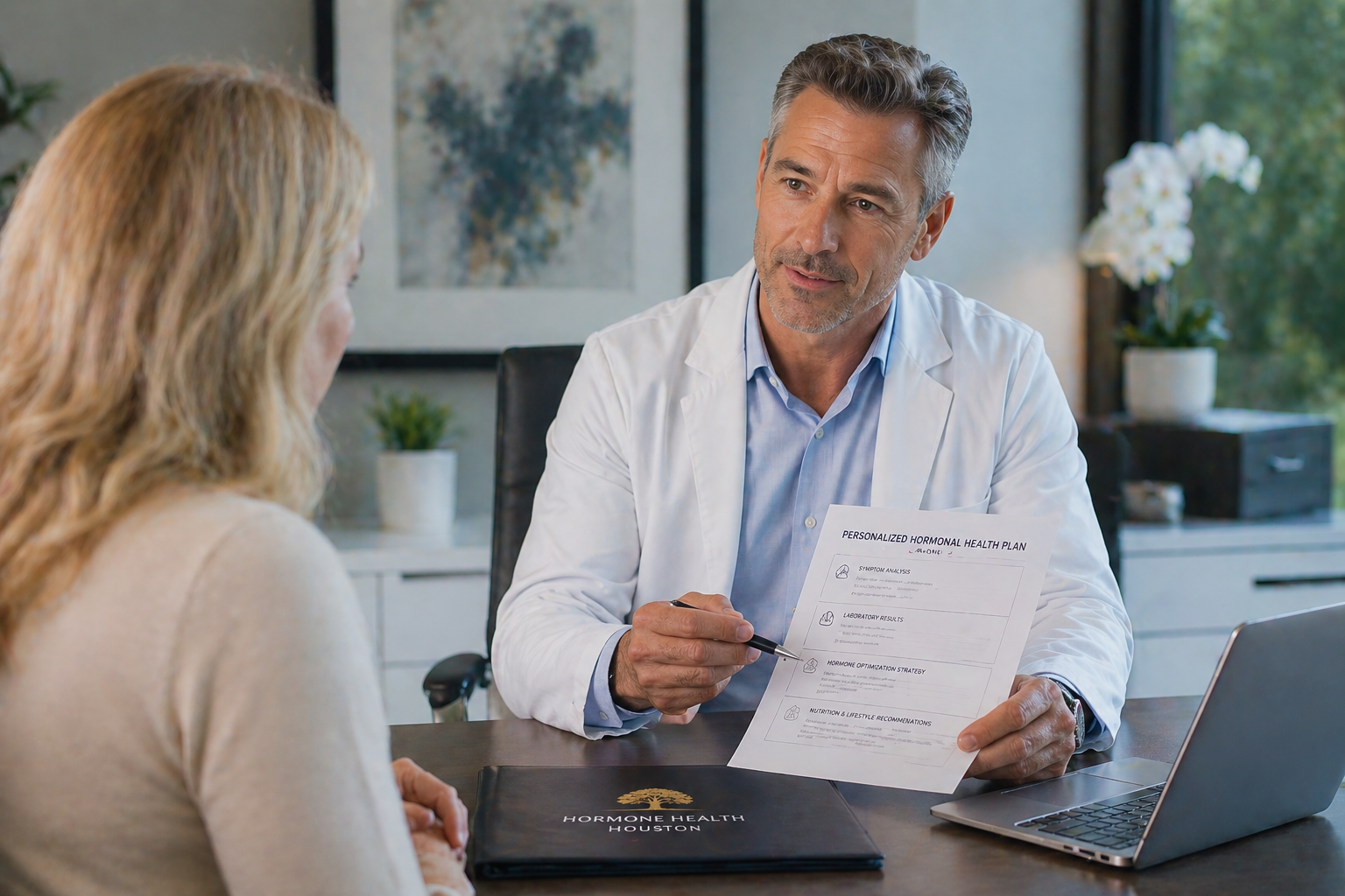 Hormone program consultation Houston — physician reviewing individualized hormonal plan Hormone program consultation Houston — physician reviewing individualized hormonal plan