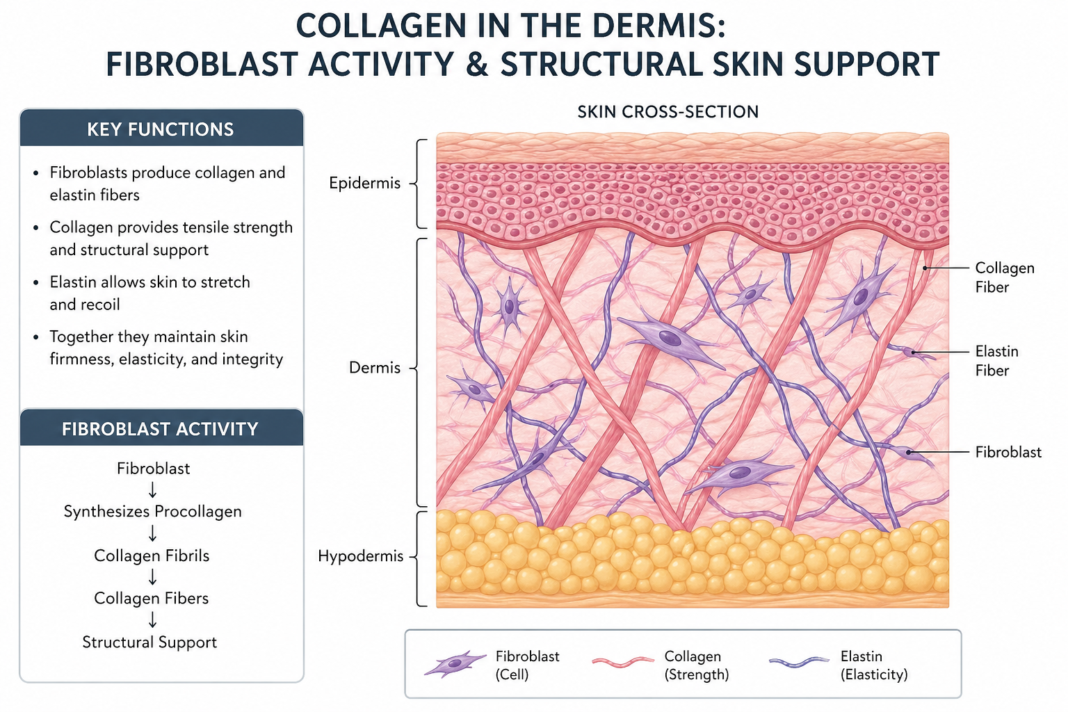 Collagen dermis diagram — fibroblast activity and structural skin support Collagen dermis diagram — fibroblast activity and structural skin support