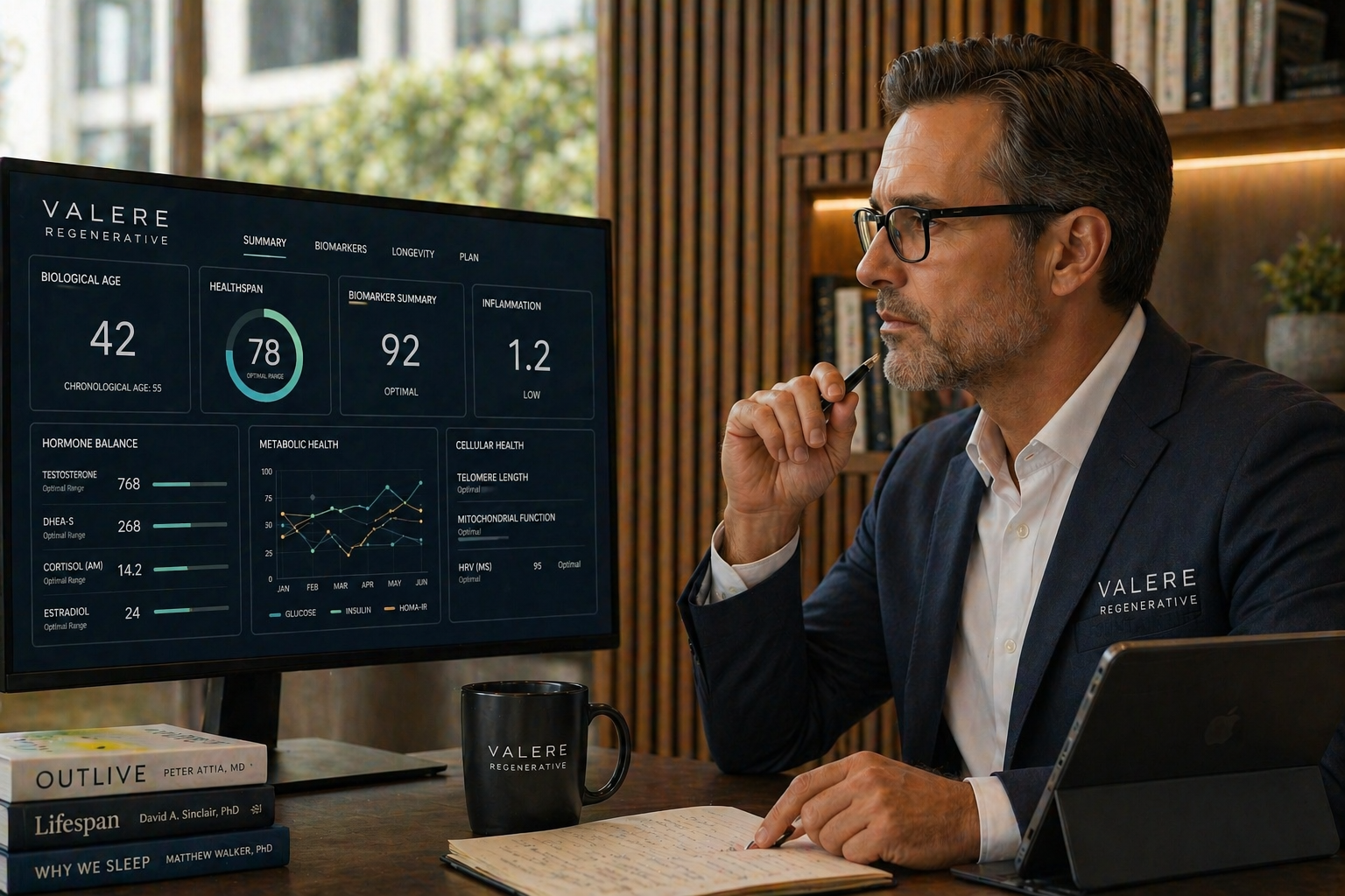 Executive health Houston longevity program — physician reviewing comprehensive biological data Executive health Houston longevity program — physician reviewing comprehensive biological data