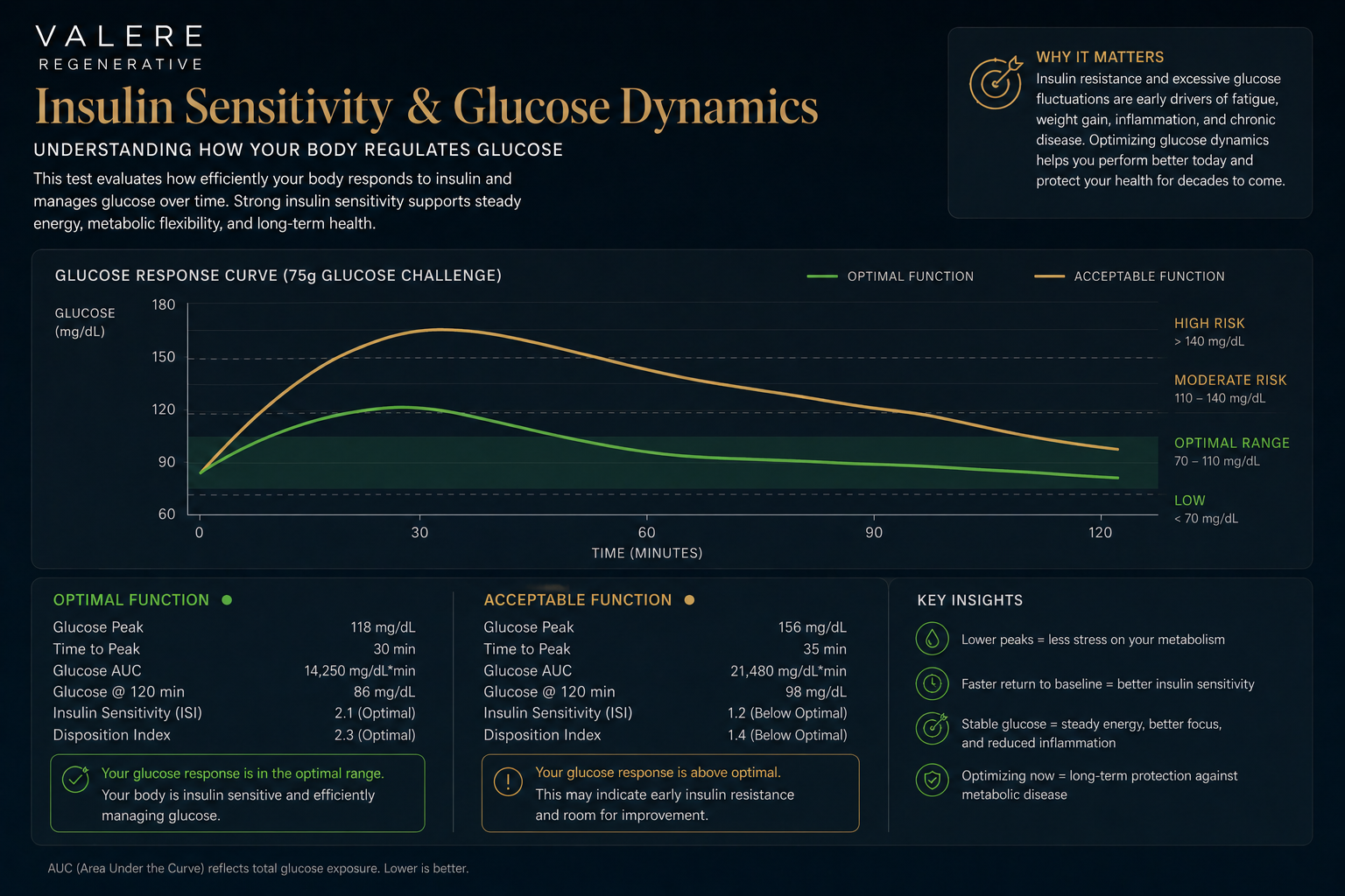 Insulin sensitivity glucose dynamics chart — optimal versus acceptable function