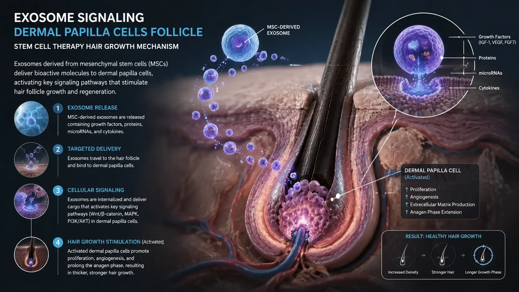 Exosome signaling dermal papilla cells follicle — stem cell therapy hair growth mechanism