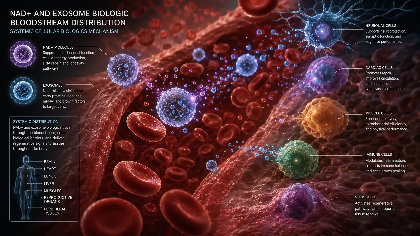 NAD+ and exosome biologic bloodstream distribution — systemic cellular biologics mechanism