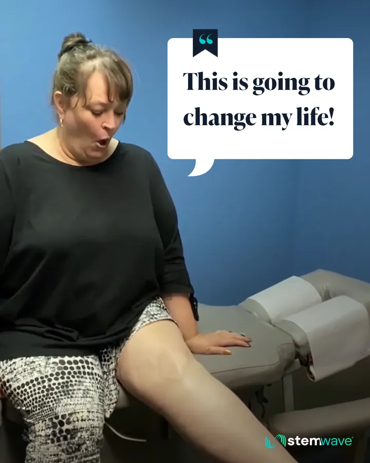 Patient seated on a treatment table, caption reading: This is going to change my life