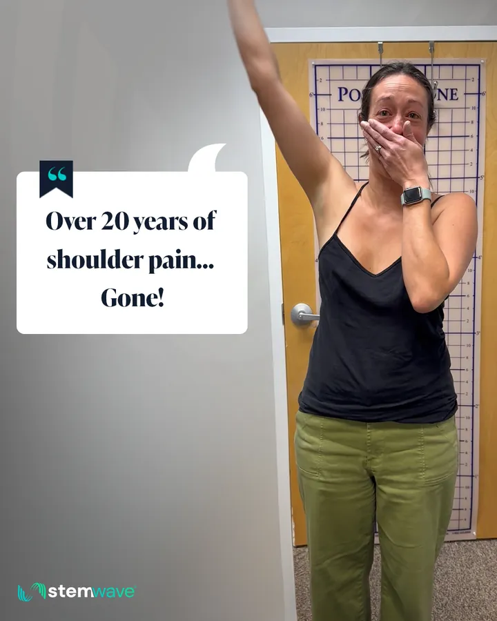 Patient raising her arm overhead, caption reading: Over 20 years of shoulder pain, gone