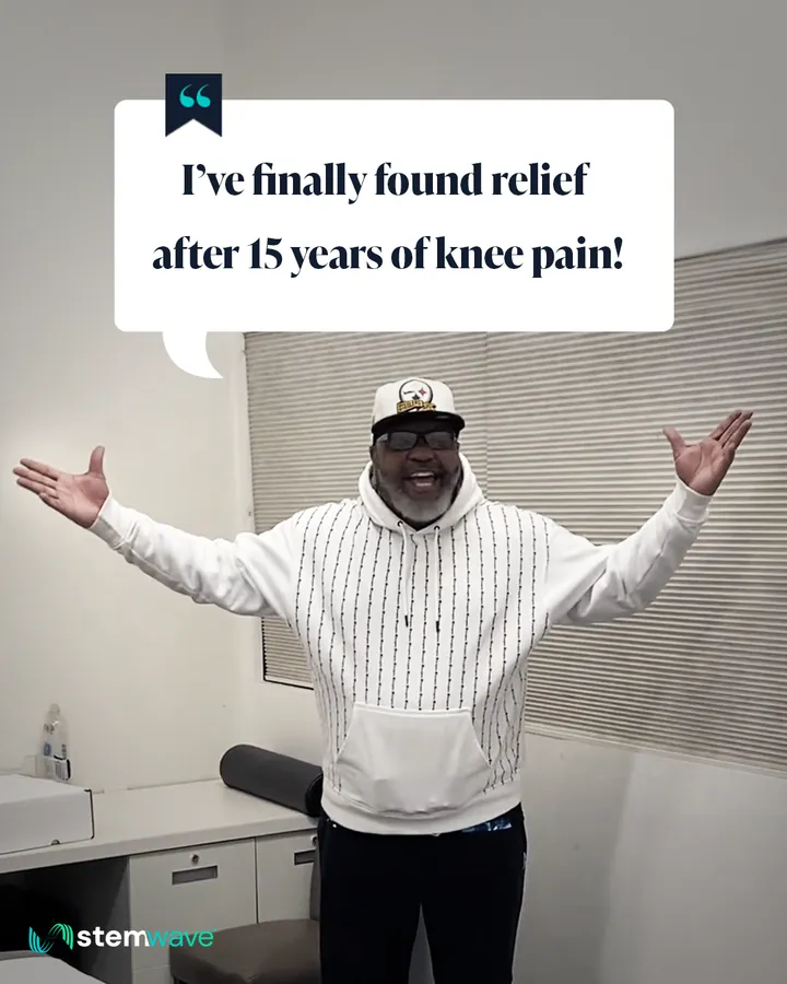 Patient with arms raised, caption reading: I've finally found relief after 15 years of knee pain