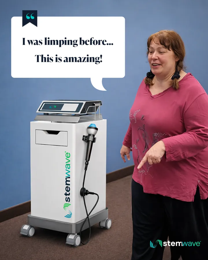 Patient standing beside the StemWave system, caption reading: I was limping before, this is amazing