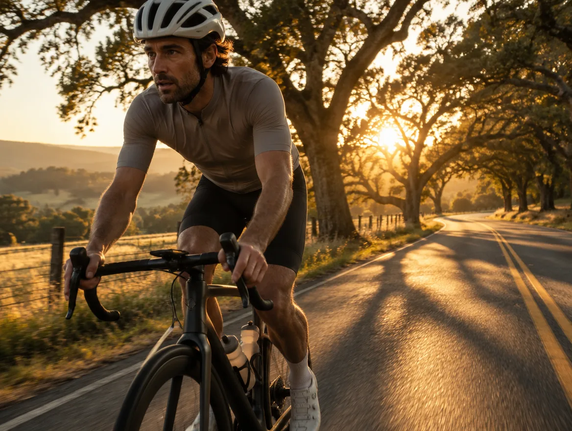 Man in his late 30s cycling a country road at sunrise, Valere Regenerative in River Oaks, Houston