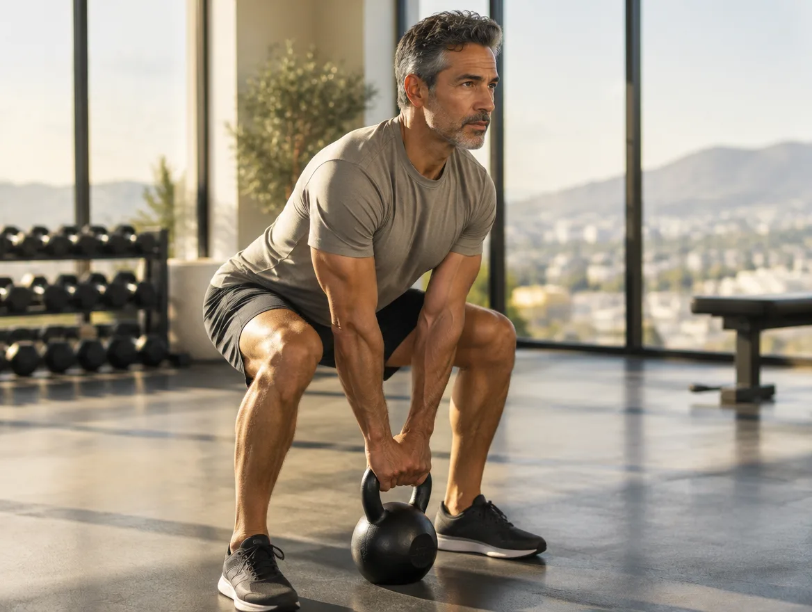 Man in his mid-50s doing a kettlebell deadlift, Valere Regenerative in River Oaks, Houston