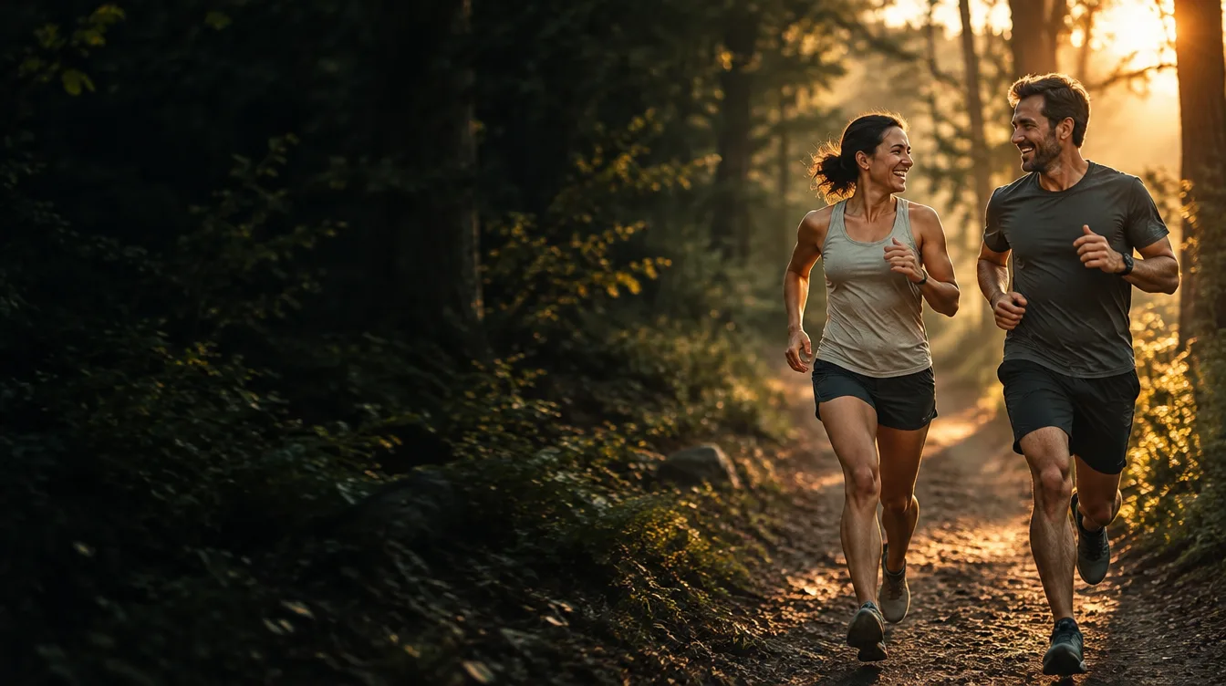 Couple in their late 30s trail running at sunrise in Houston