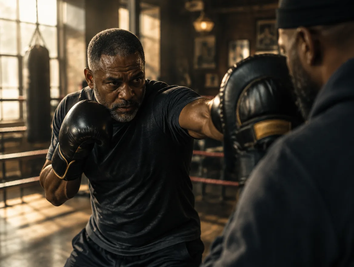 Man in his mid-50s boxing with a coach, Valere Regenerative in River Oaks, Houston