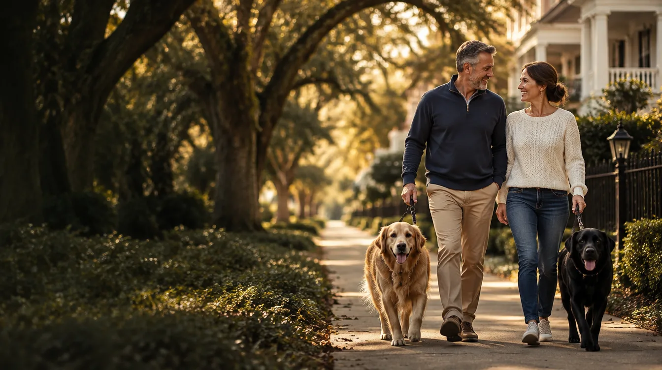 Couple in their mid-50s walking their two dogs on an oak-lined River Oaks street