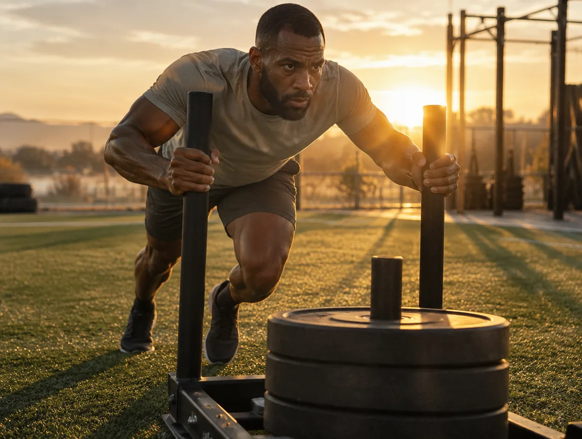 Man in his late 30s pushing a weighted sled at dawn, Valere Regenerative in River Oaks, Houston
