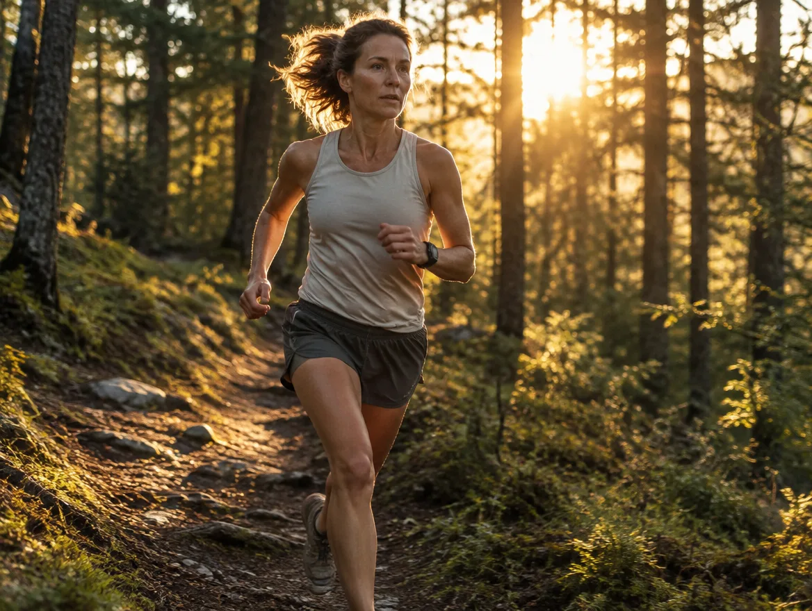 Woman in her mid-40s trail running at sunrise, Valere Regenerative in River Oaks, Houston