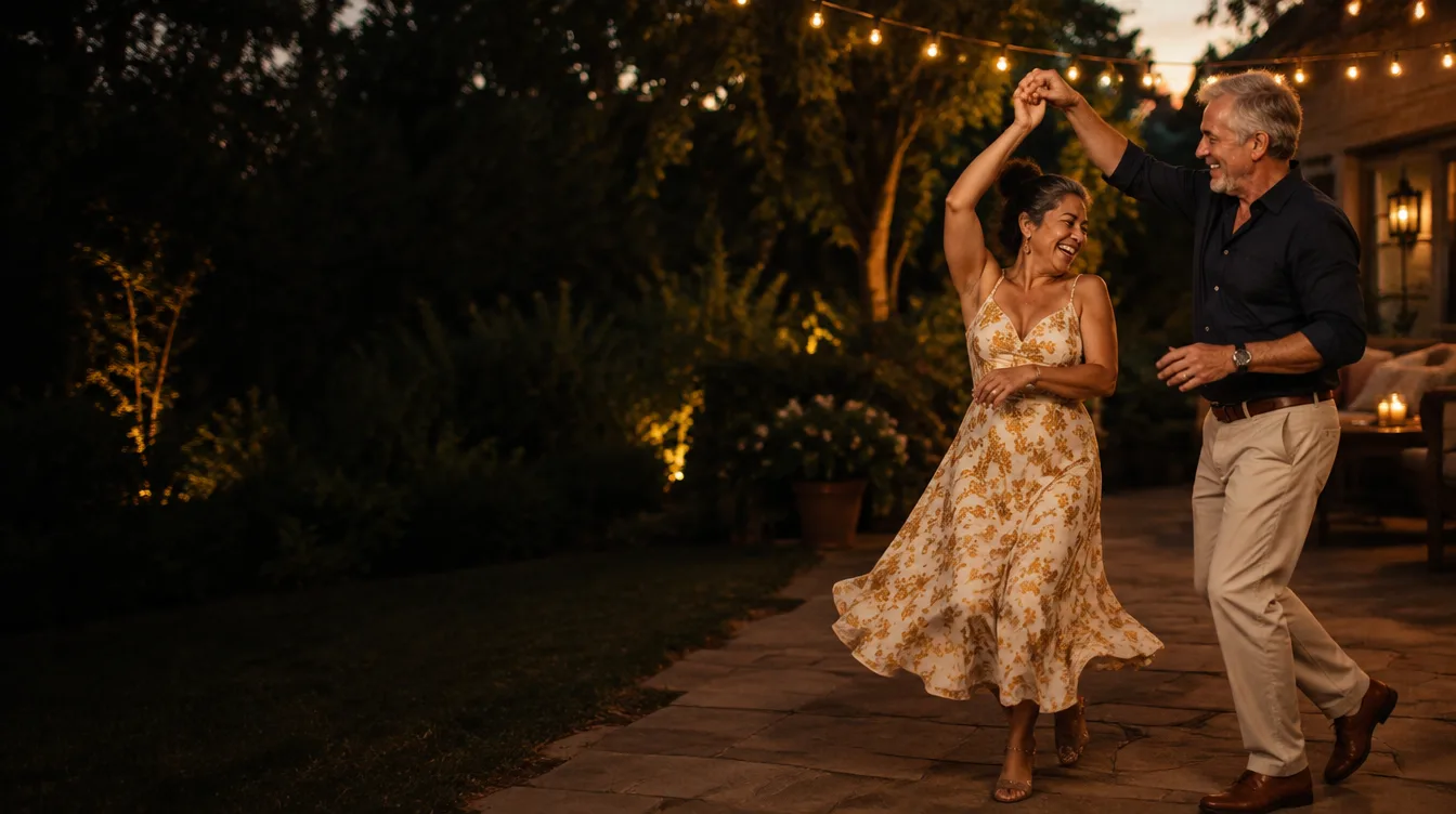 Couple in their early 60s dancing on a lantern-lit patio, Valere Regenerative, River Oaks, Houston