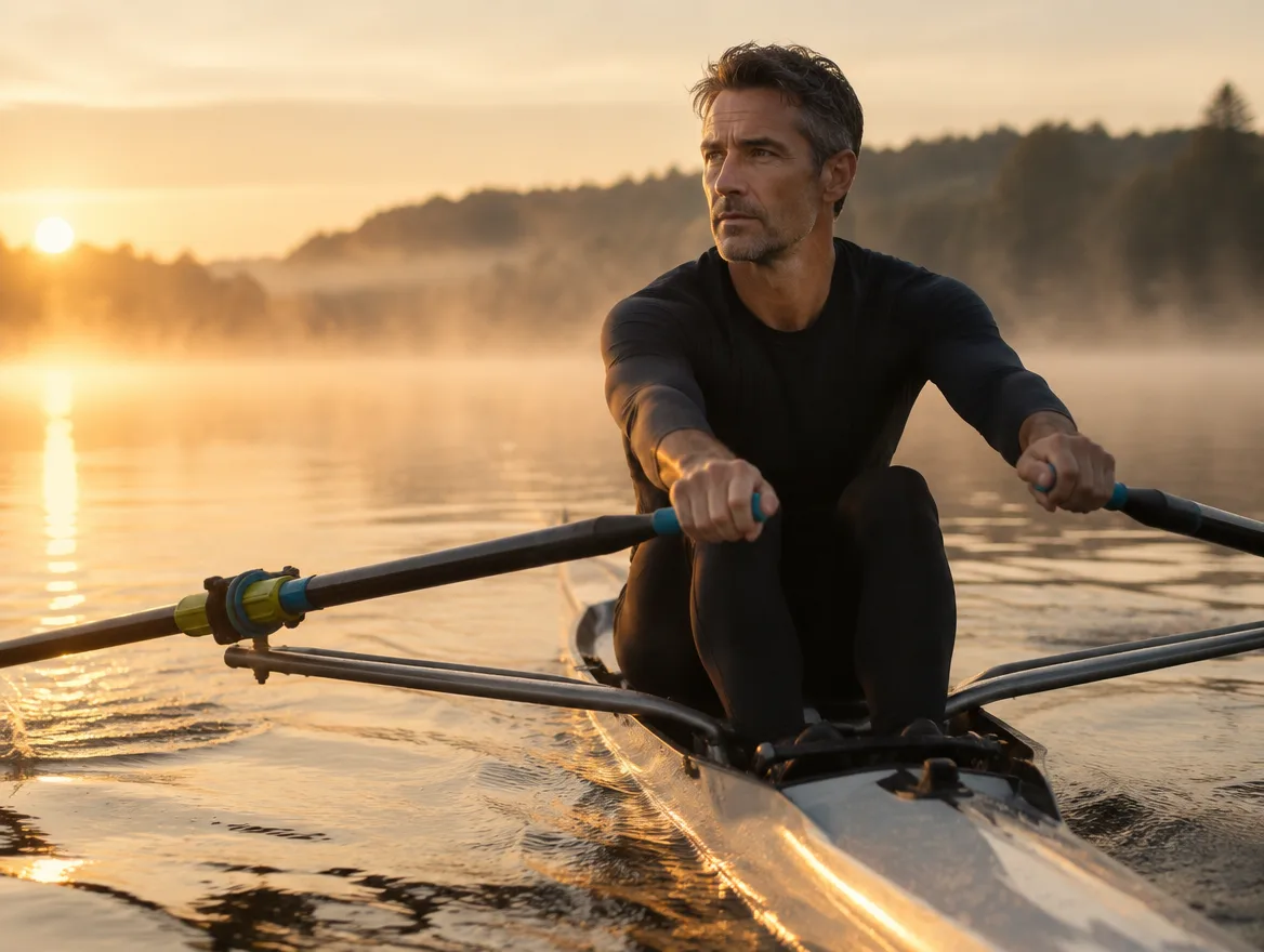 Man in his mid-40s rowing at dawn, Valere Regenerative in River Oaks, Houston