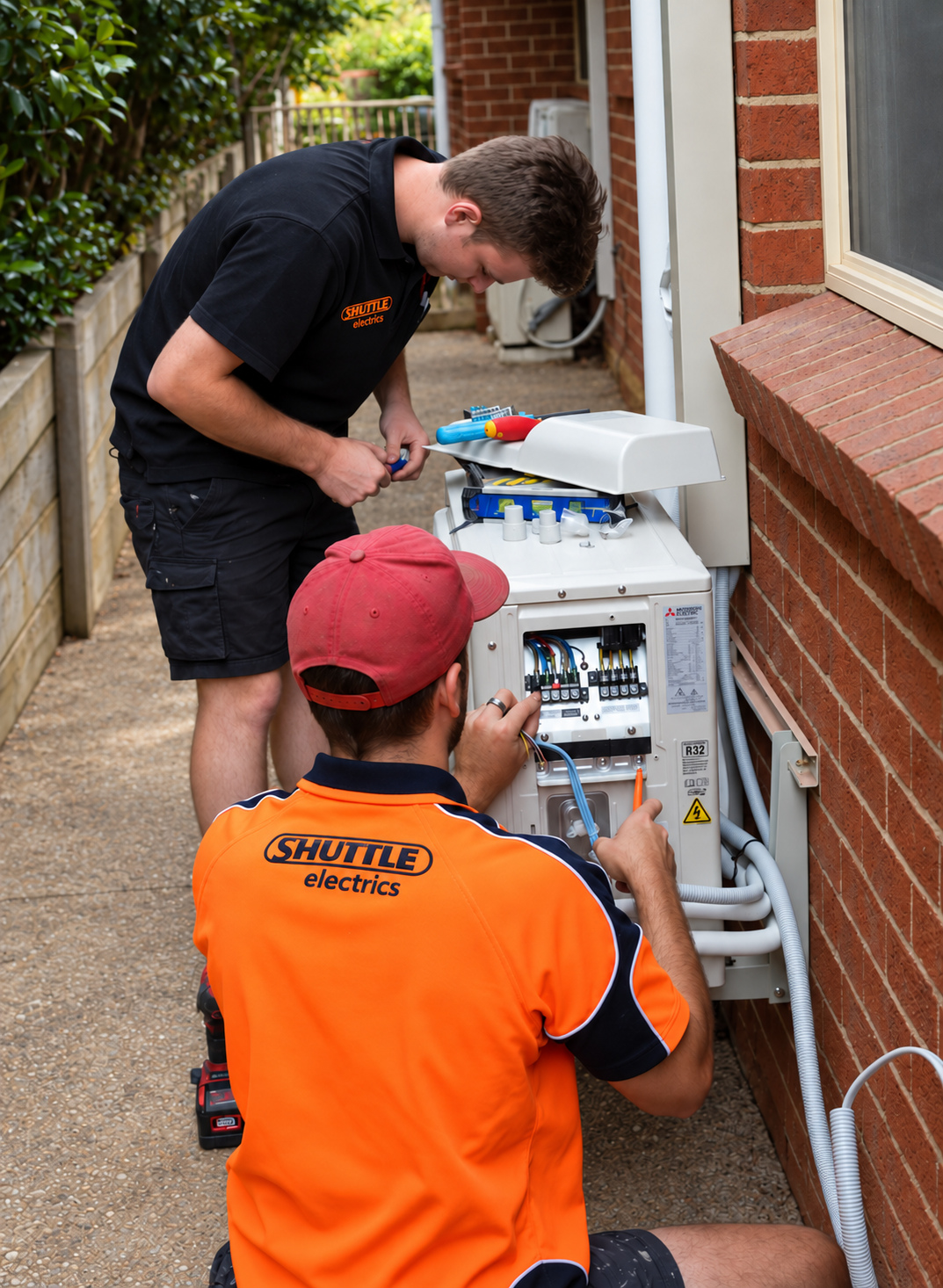 Shuttle Electrics technicians installing an air conditioner