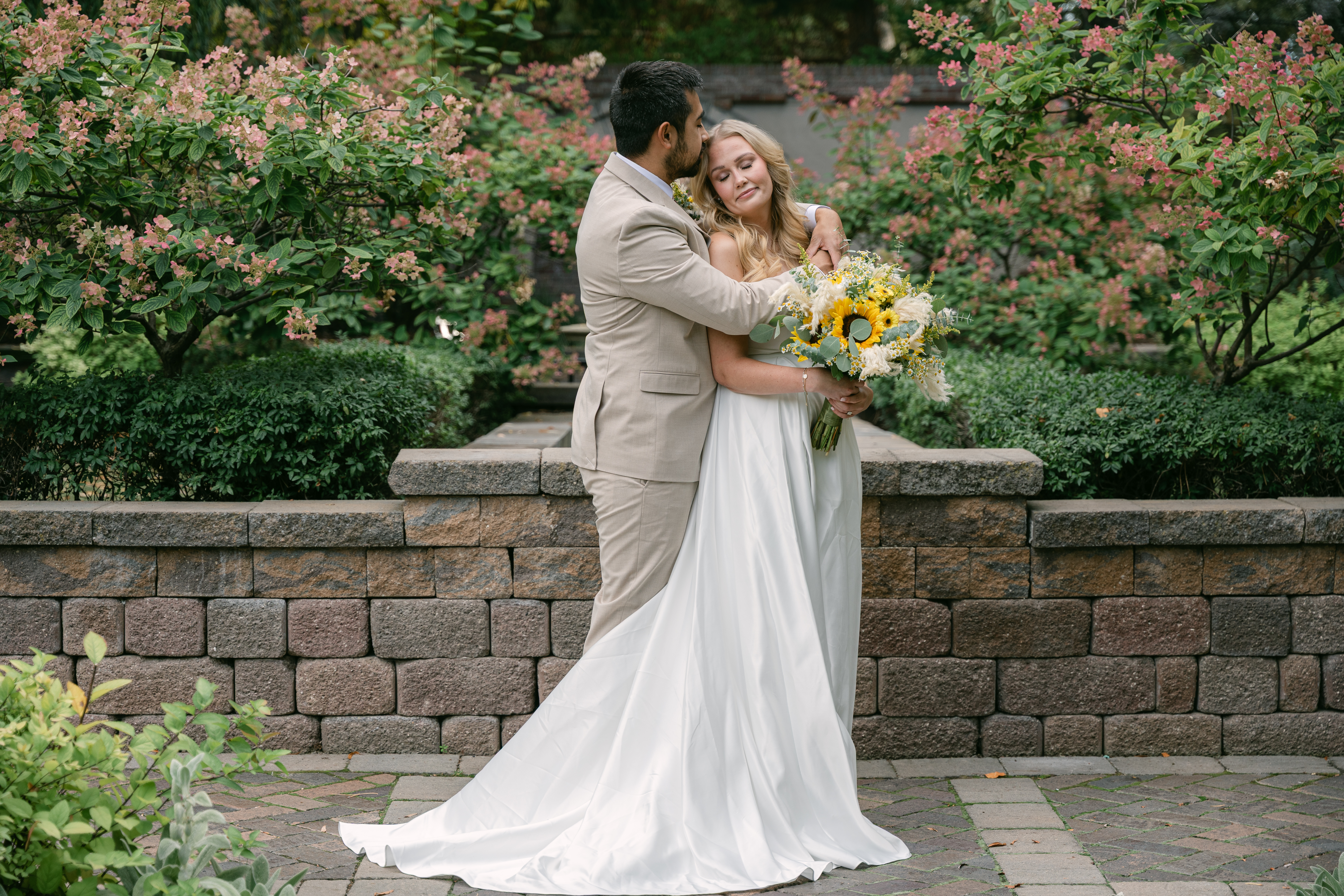 Bride and groom in garden