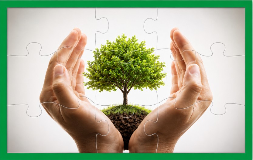 Visual representation of Paul Hatrak's Picture on the Box philosophy, using puzzle pieces and a growing tree to represent clarity, direction, action, and results.