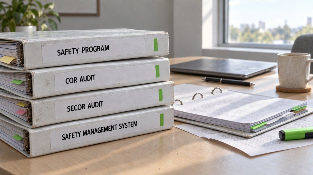 Safety program, COR and SECOR audit binders on a desk.