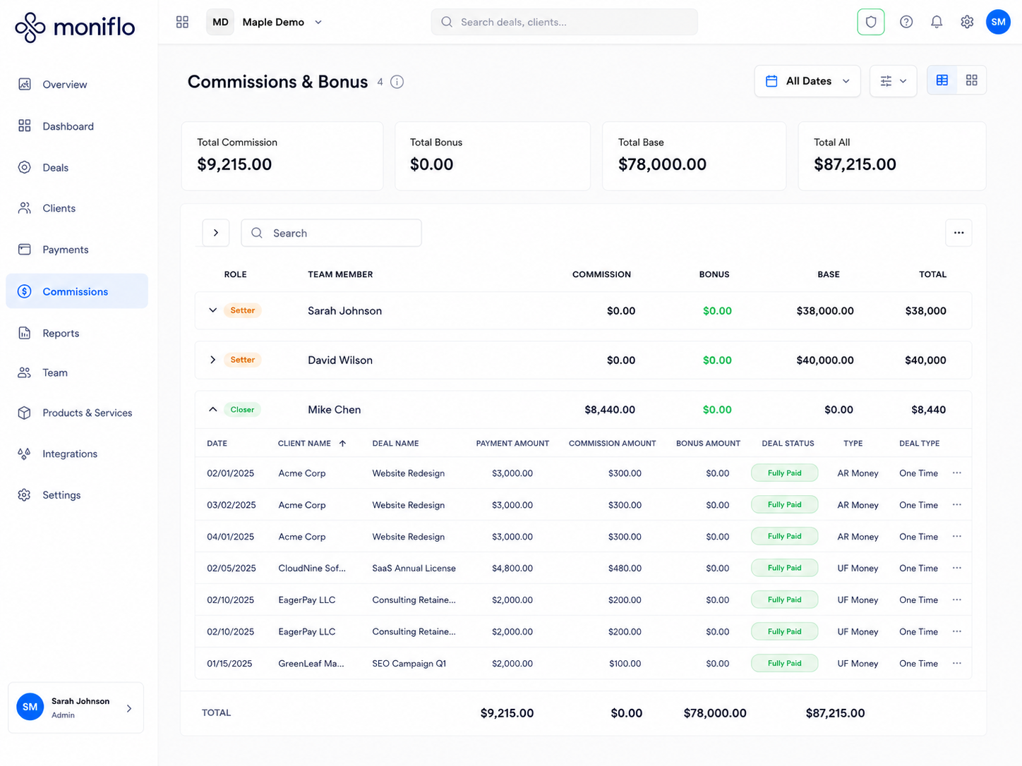 Moniflo payroll reconciliation view