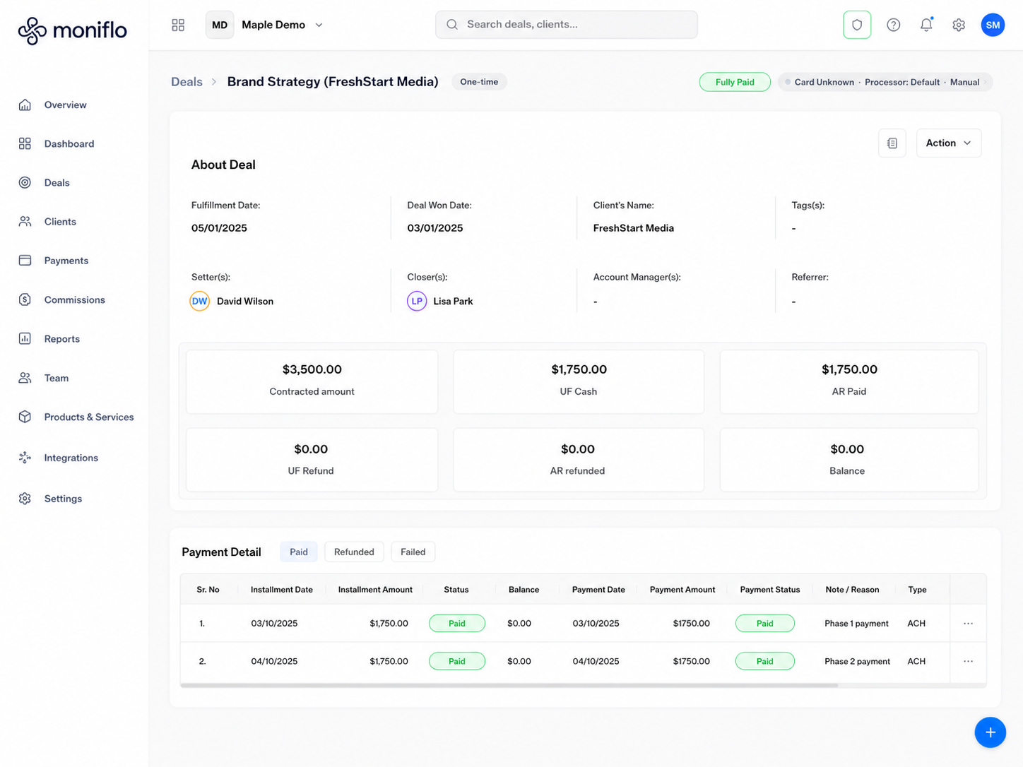 Moniflo deal view and payment detail