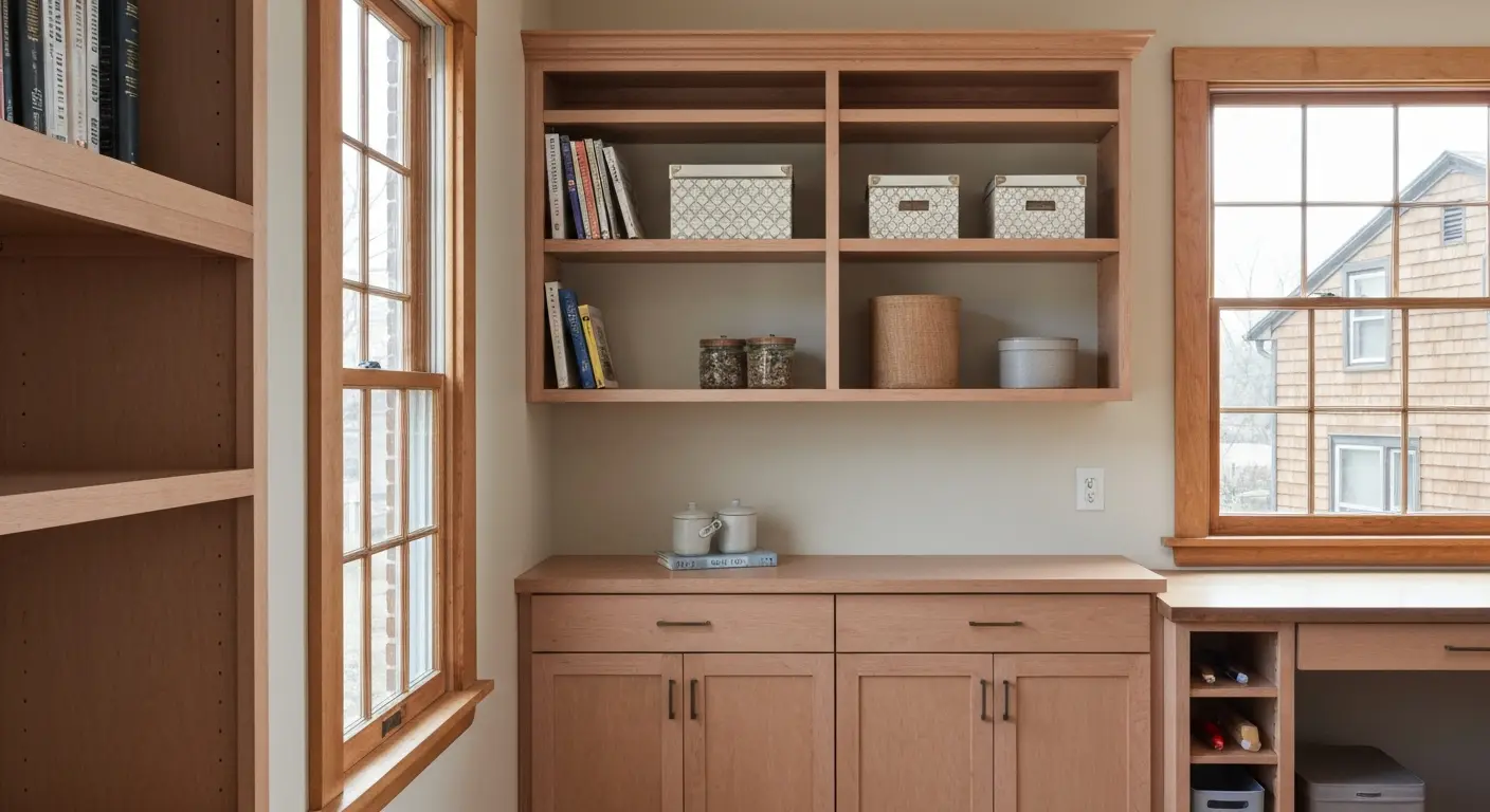Open shelving with custom cabinet base