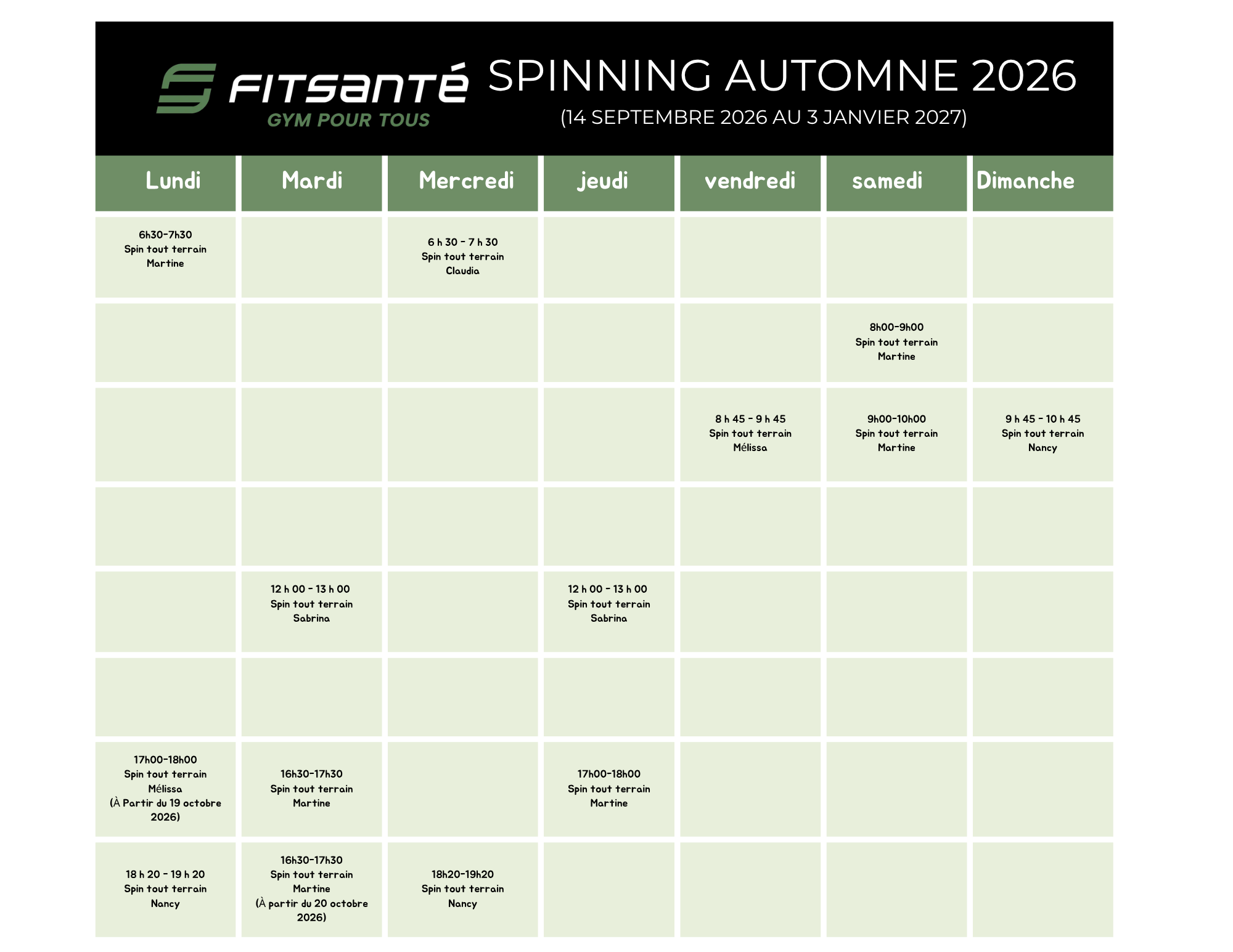 horaire spinning automne 2026