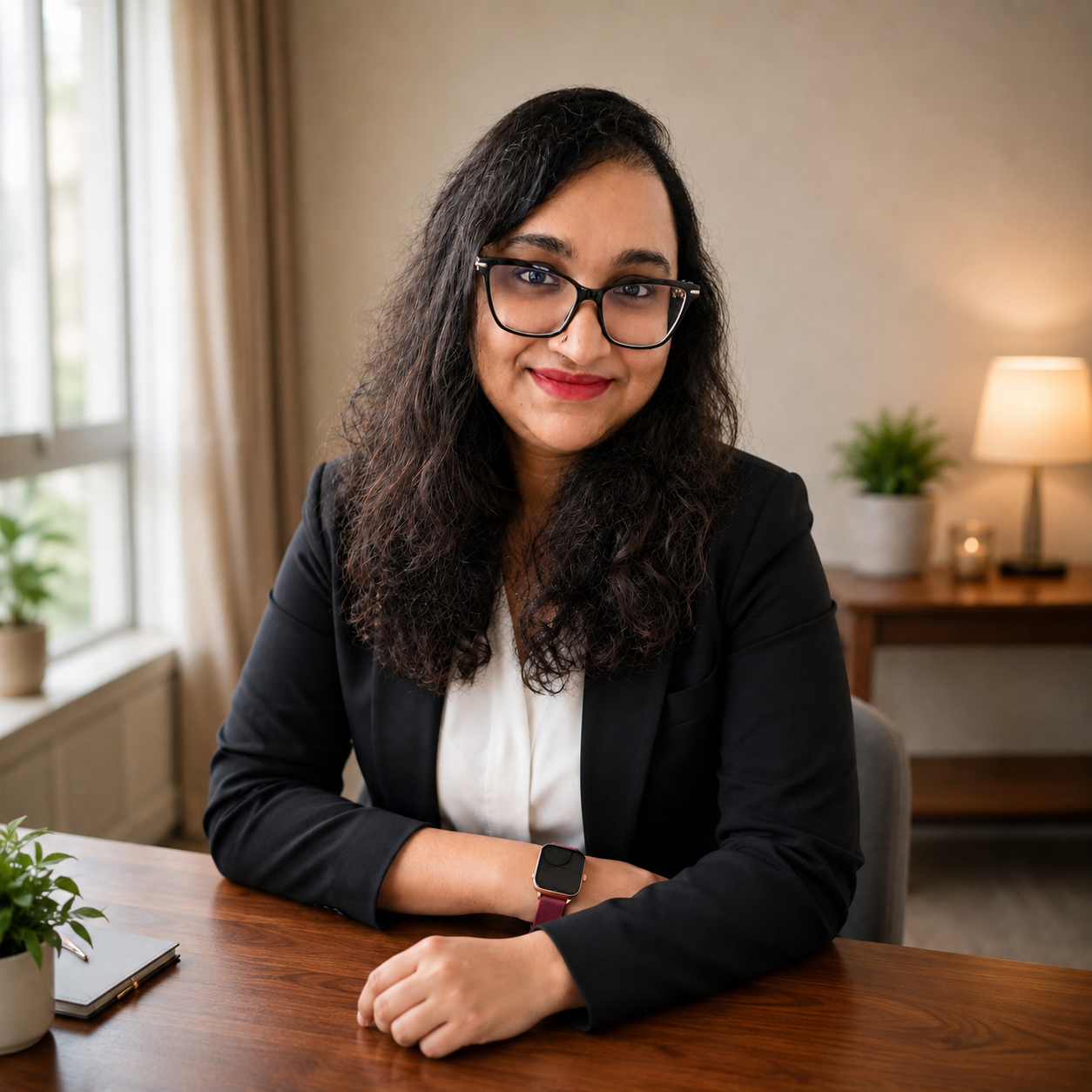 Professional head-and-shoulders portrait of an Indian woman in her thirties, smiling, in business clothing, against a LIGHT softly blurred background