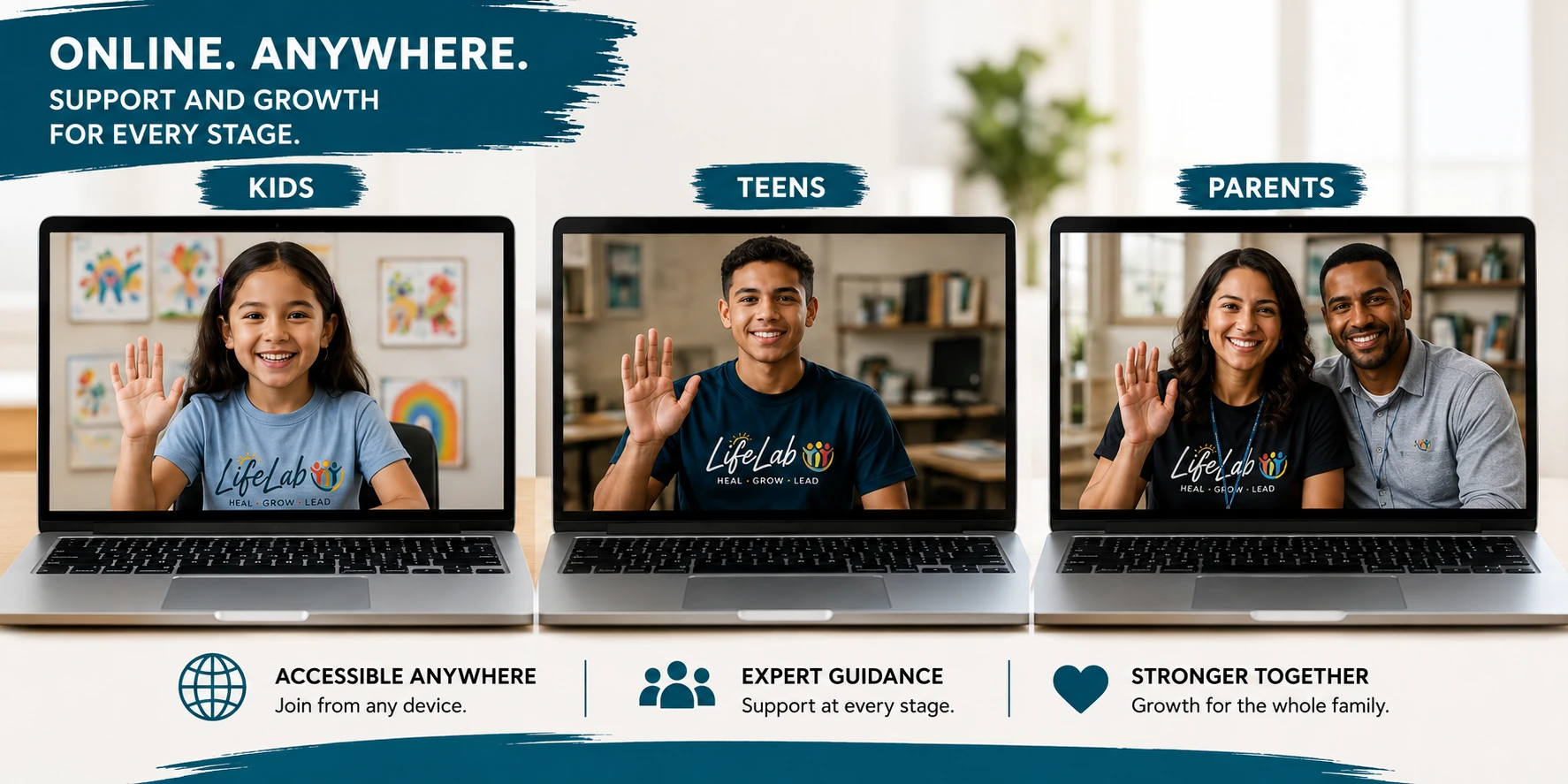 Online. Anywhere. Support and growth for every stage — Kids, Teens, and Parents.