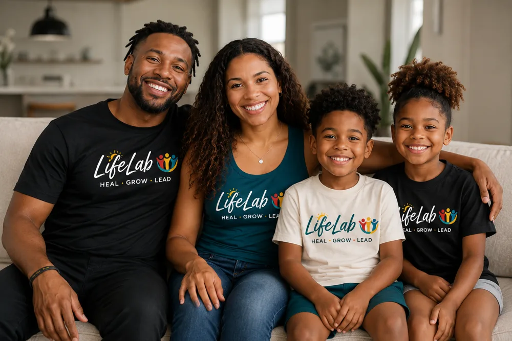 A family of four wearing LifeLab shirts together at home
