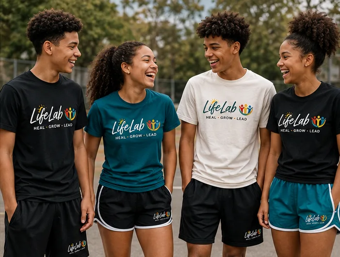 Teens laughing together in LifeLab branded gear