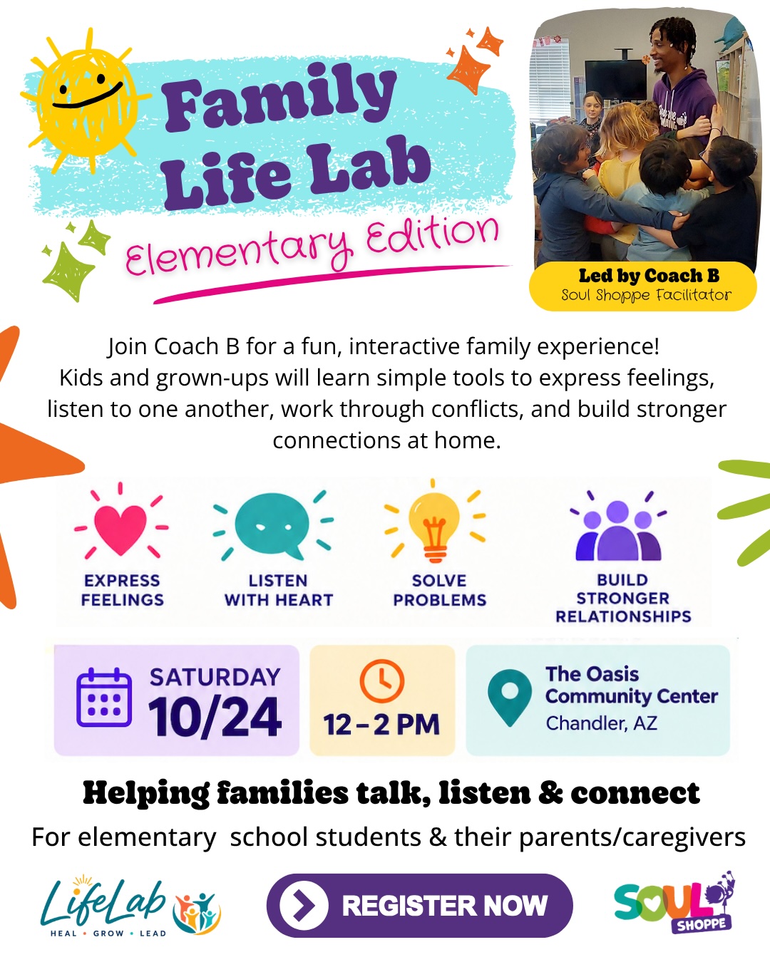 Family Life Lab: Elementary Edition flyer — Saturday 10/24, 12-2pm, The Oasis Community Center, Chandler AZ