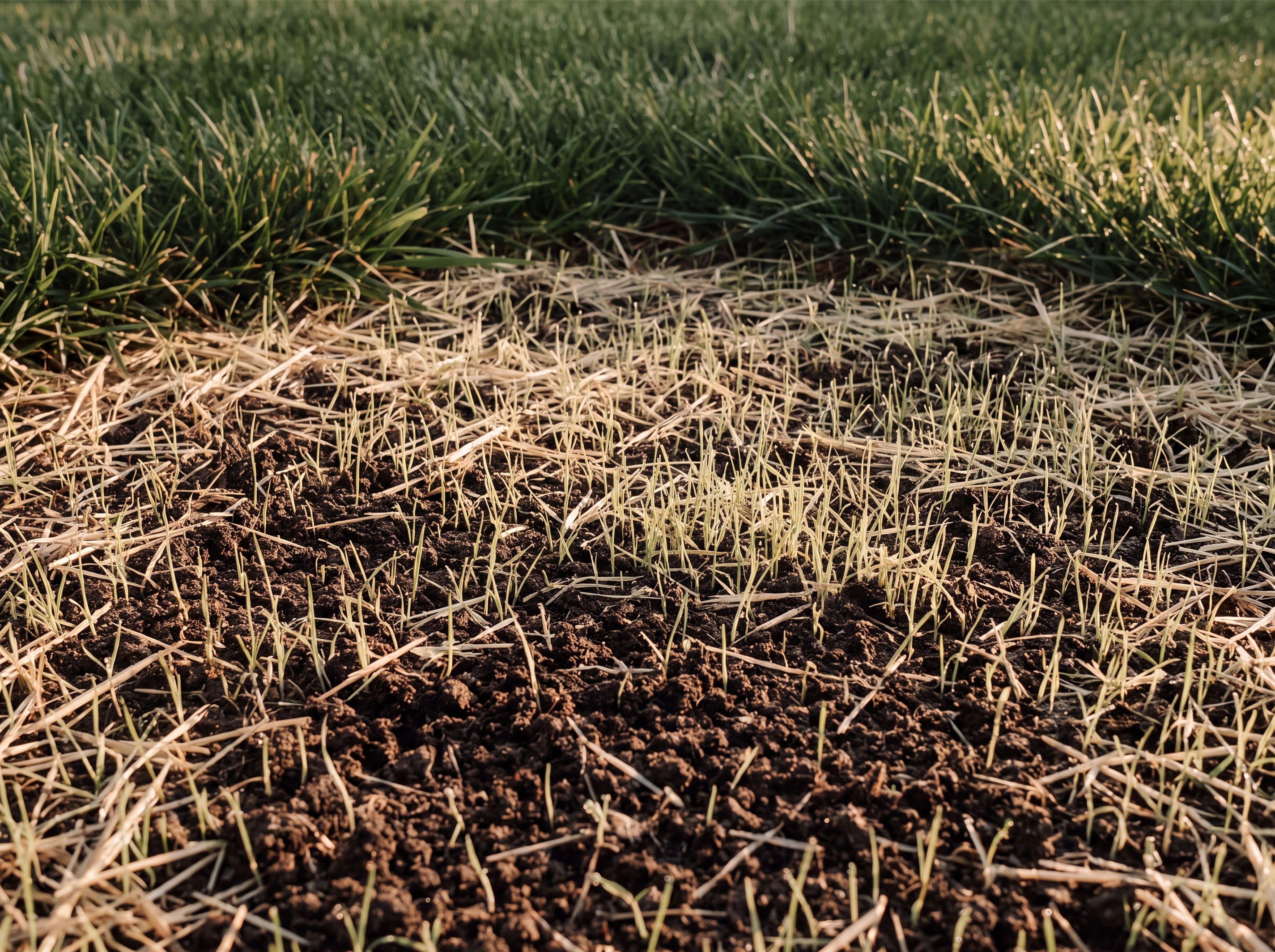 New grass seedlings coming up through fresh soil and straw
