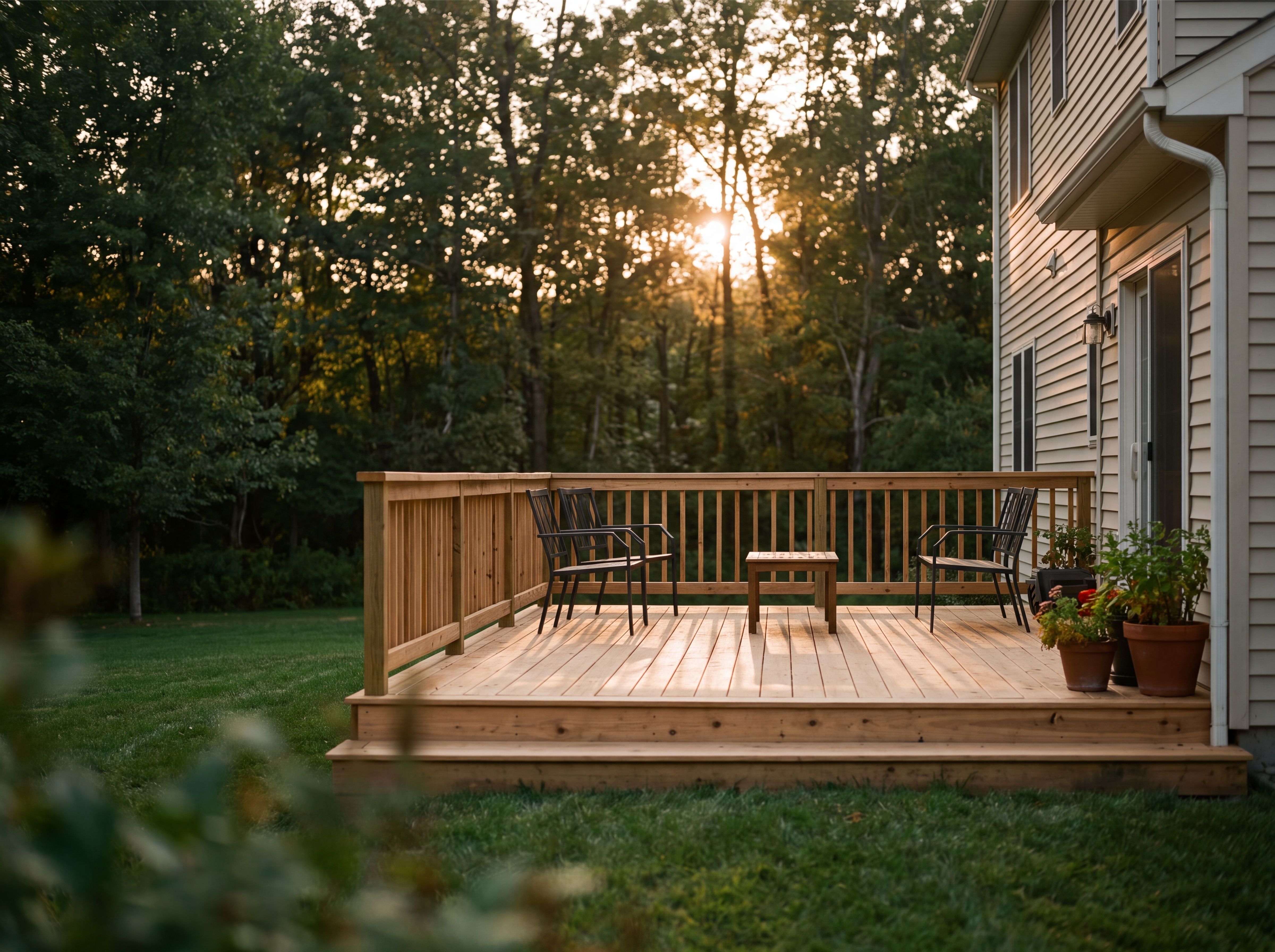 Newly built cedar deck at the back of a home at sunset