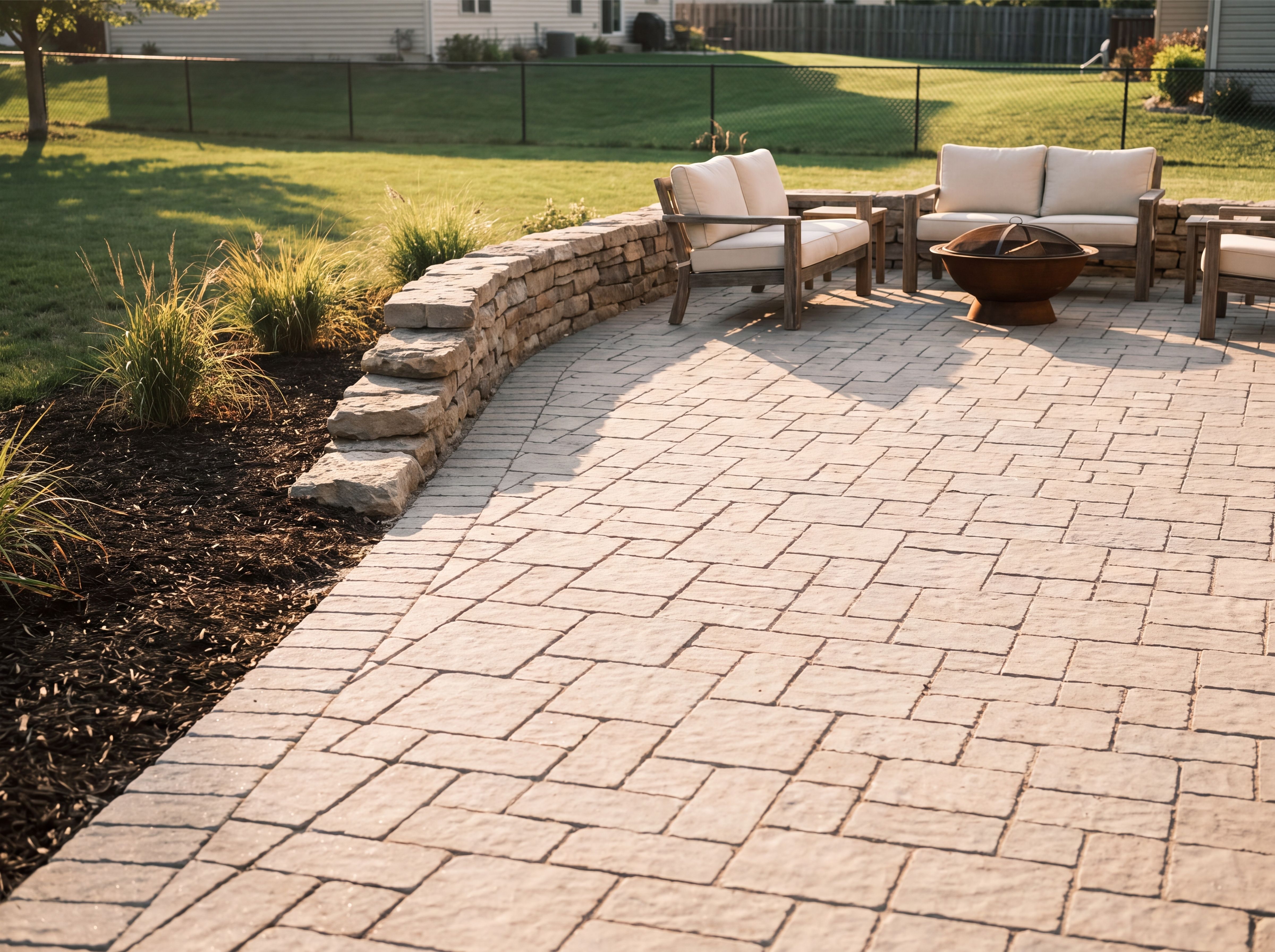 Finished paver patio with a stone seat wall, seating and fire bowl