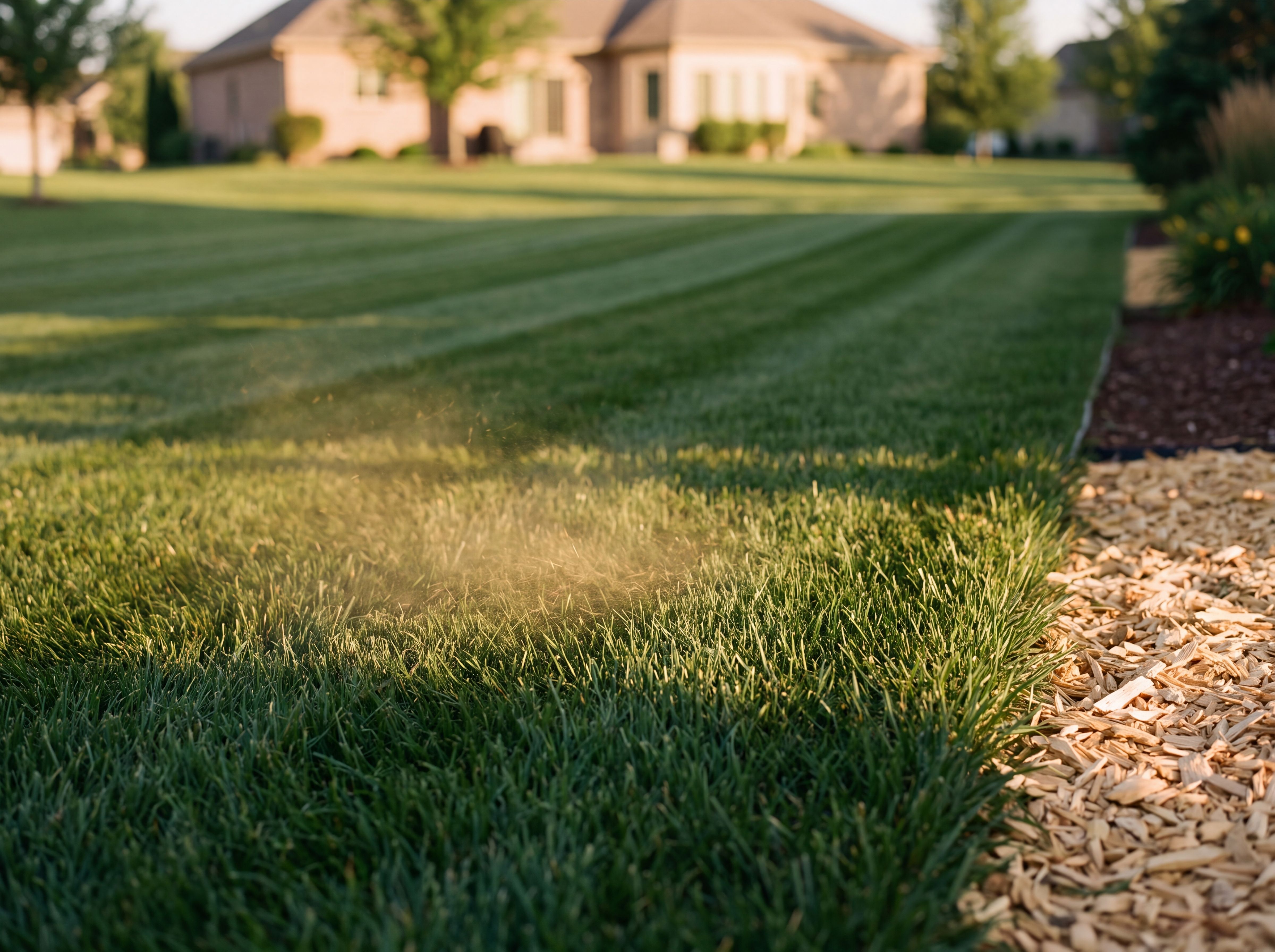 Freshly mowed lawn with clean stripes and a crisp mulch edge