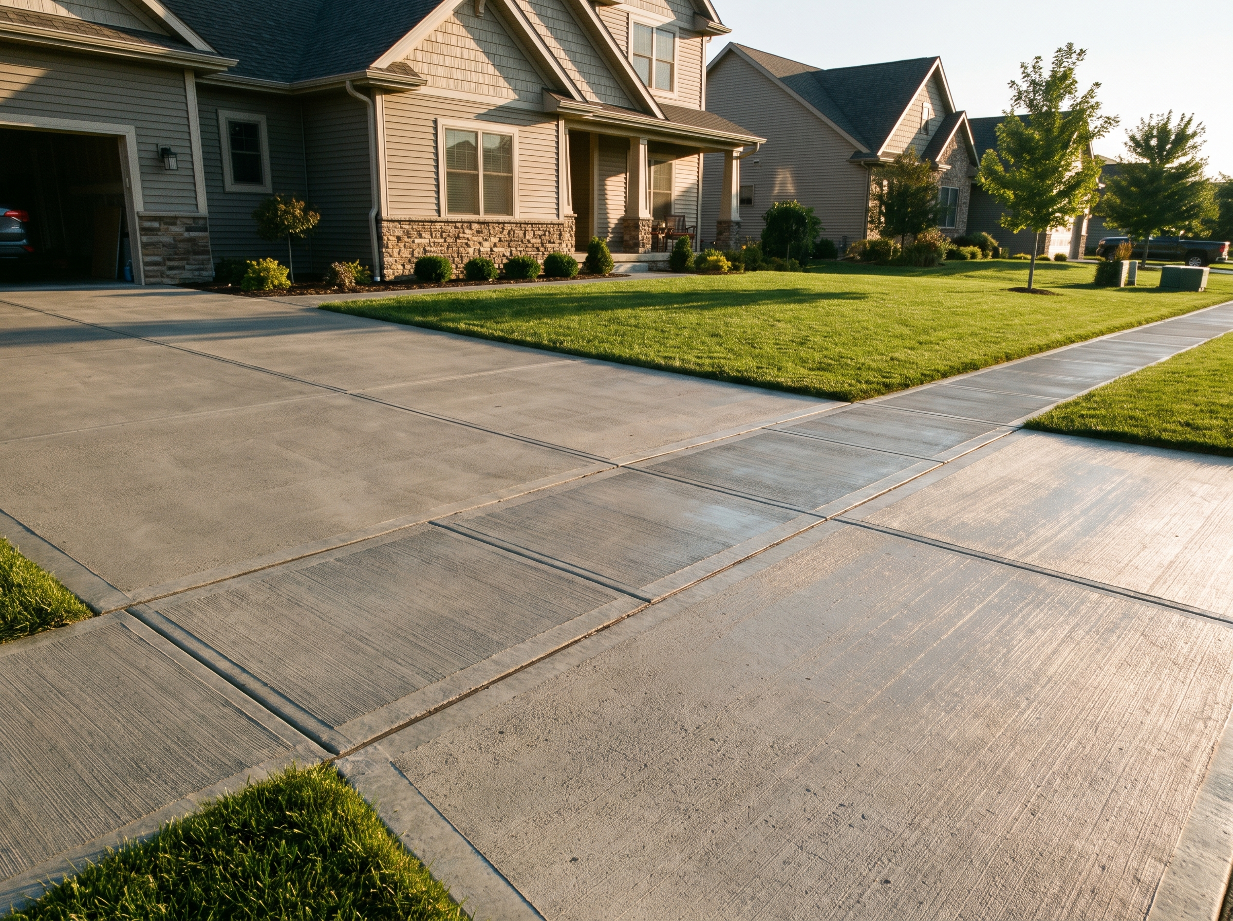 Freshly finished broom-textured concrete driveway with clean tooled joints