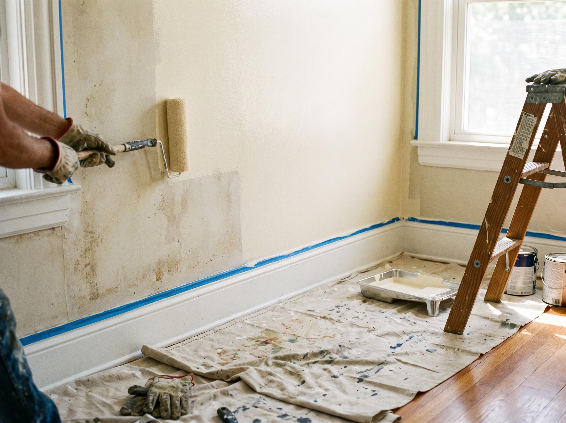 Interior wall being rolled with fresh paint