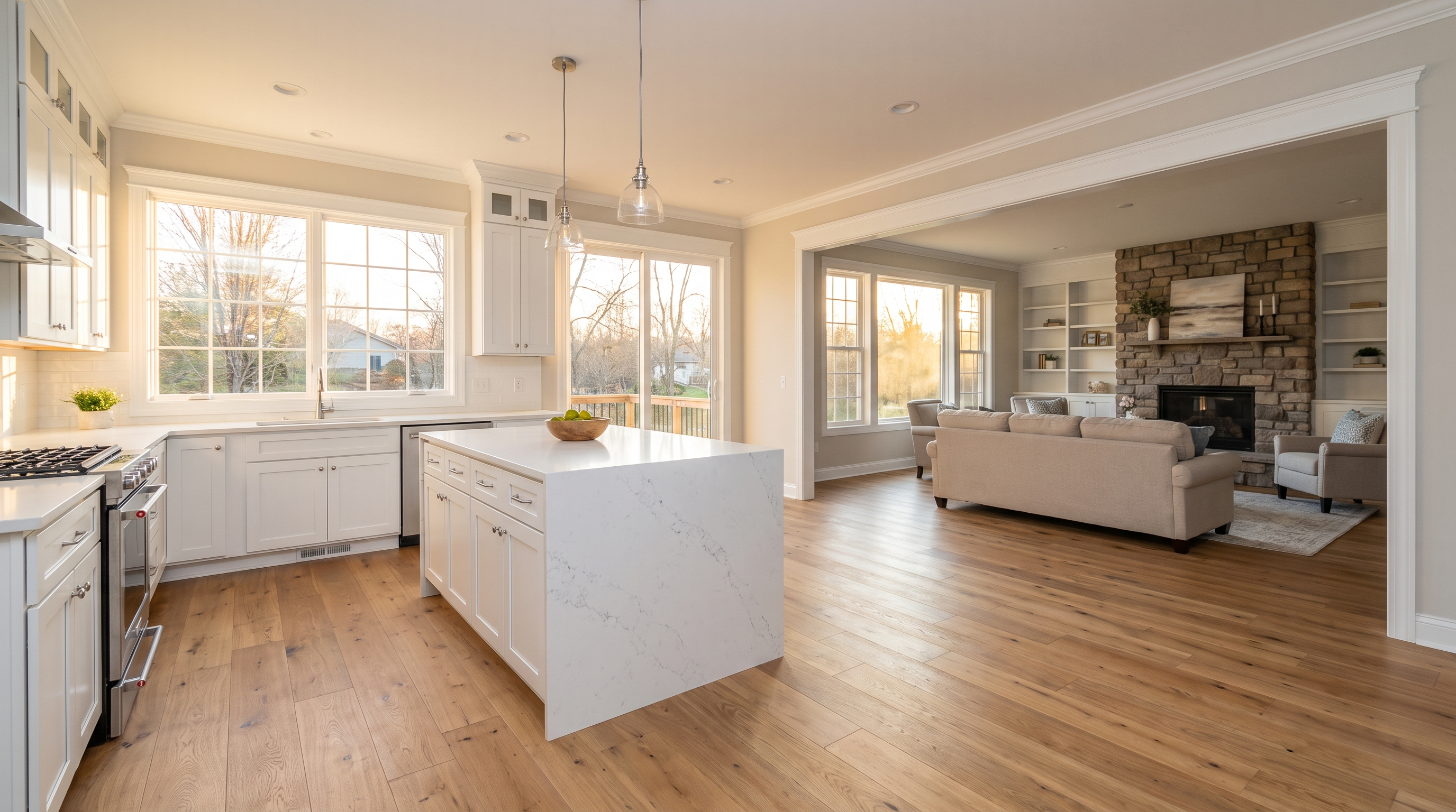 Renovated open-plan kitchen with white cabinets and oak floors