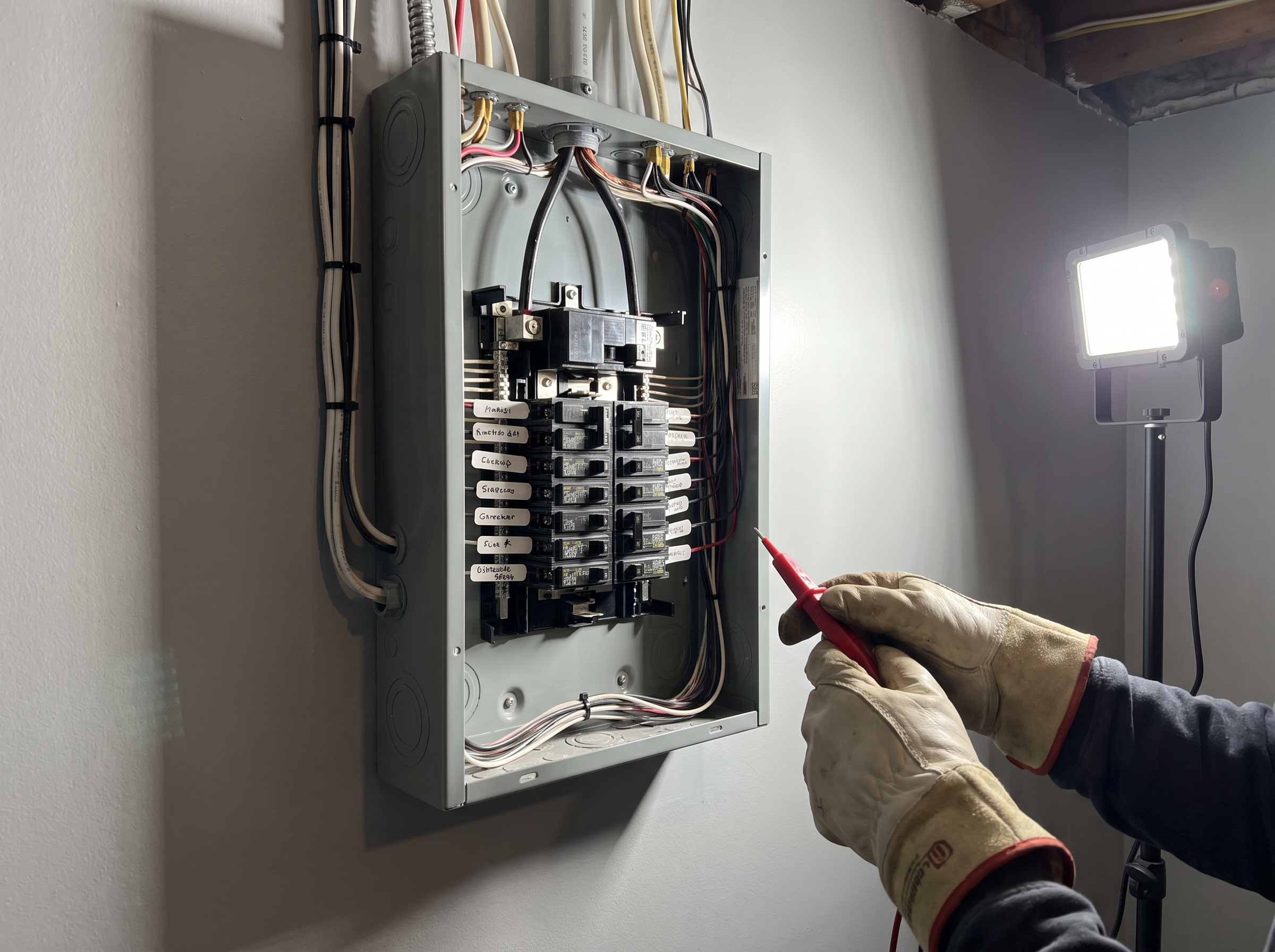 Clean residential electrical panel with neatly dressed wiring and labeled breakers