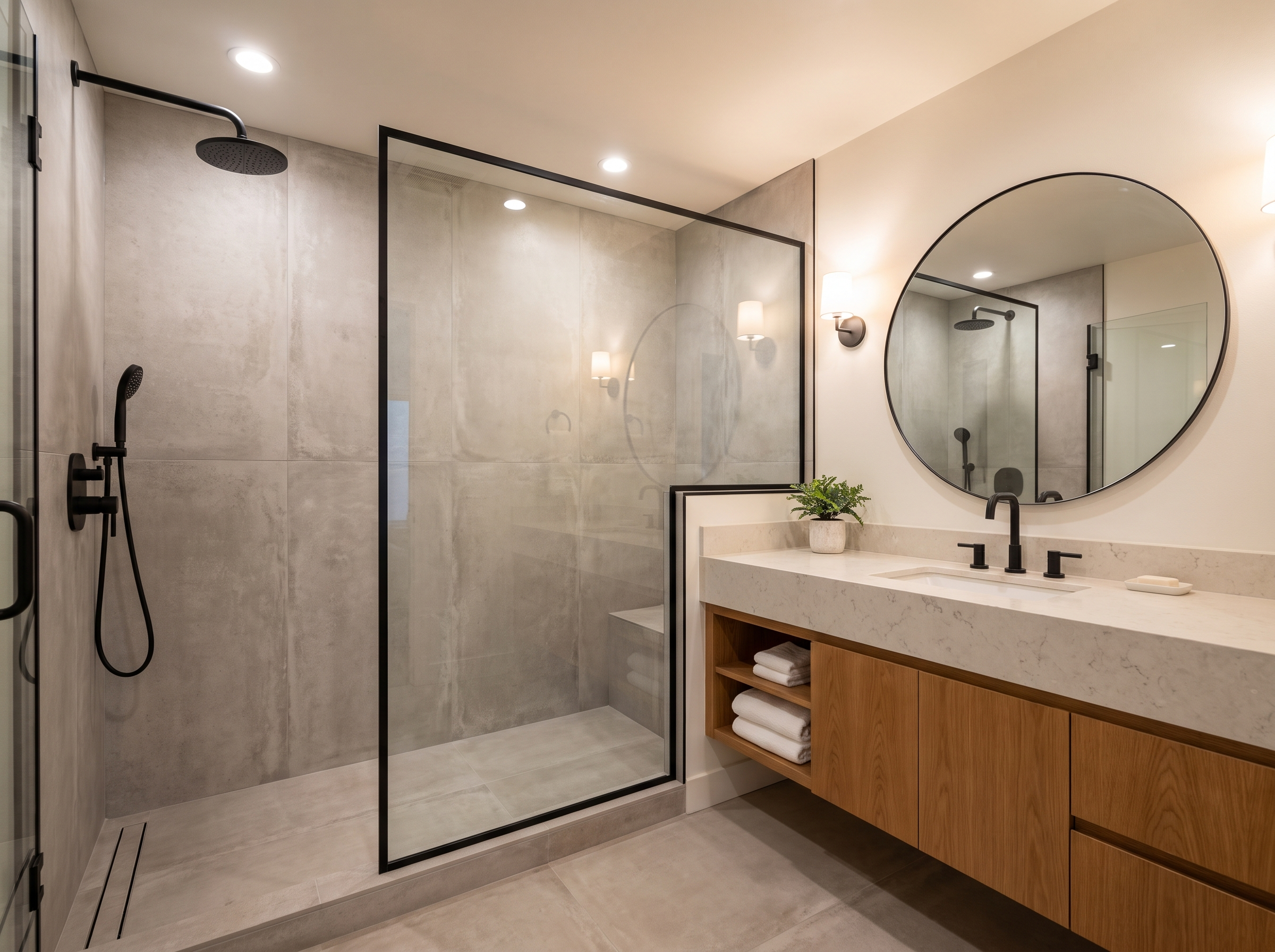 Remodeled bathroom with a tiled walk-in shower