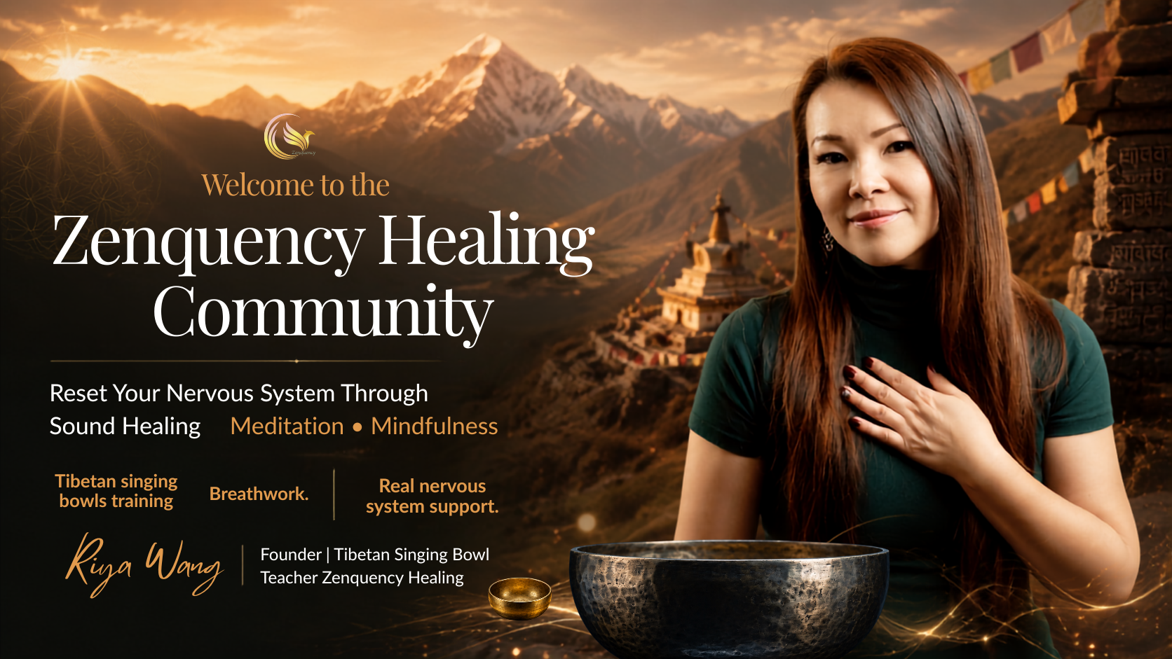 Riya Wang before a Tibetan mountain landscape