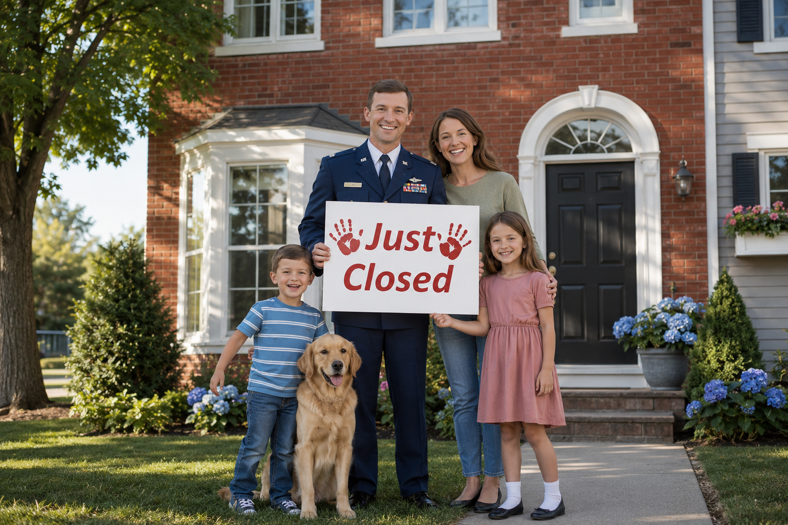 other style illustration of a smiling military family with kids and a dog standing in front of a brick Alexandria townhouse holding a 'Just Closed' sign, soft neutral palette and friendly lines