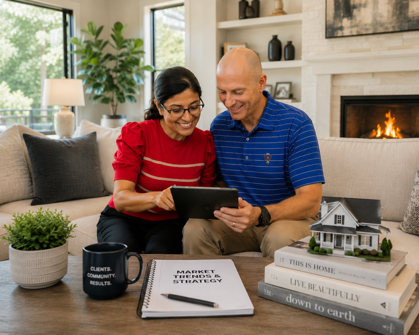 professional photorealistic scene of a friendly real estate team meeting with South Arlington homeowners around a dining table, large window showing a leafy Arlington neighborhood street, neutral colors and soft natural light, subtle text overlay in modern sans-serif reading 'Selling in South Arlington' and smaller subtitle 'Local Experts. Clear Guidance. Strong Results.'