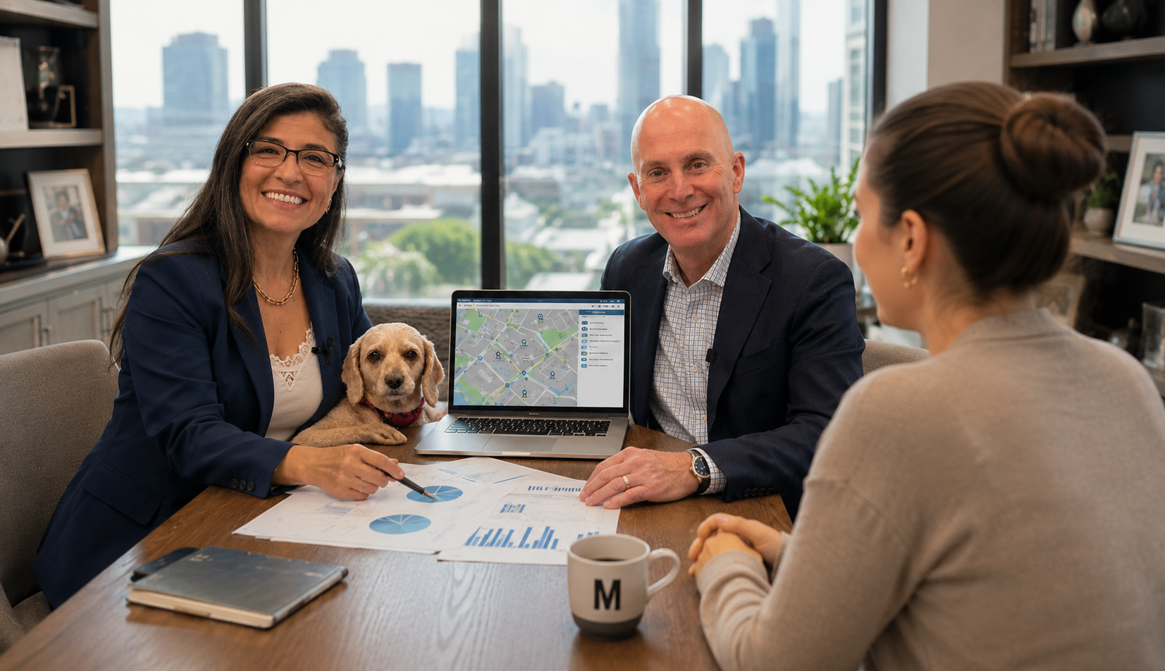 Real estate agent and Fairfax homeowners reviewing a home selling strategy at a dining table