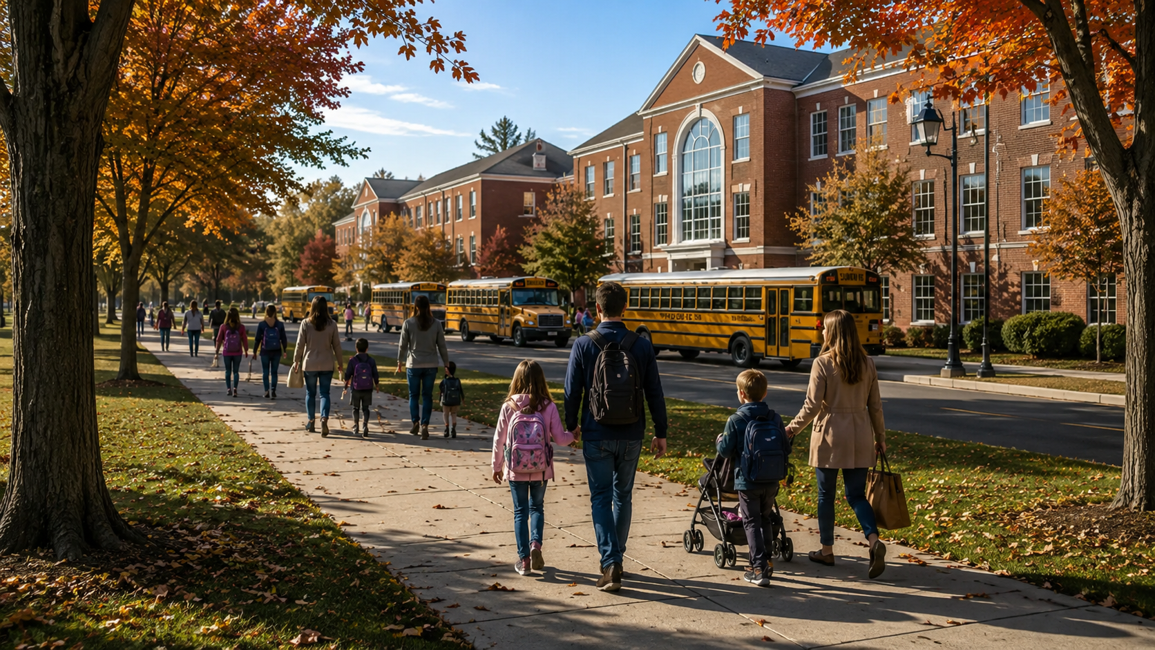 Photorealistic scene of an elementary school in Fairfax Virginia with children and parents walking on a tree-lined sidewalk during morning drop-off, brick school building and school buses in background Photorealistic scene of an elementary school in Fairfax Virginia with children and parents walking on a tree-lined sidewalk during morning drop-off, brick school building and school buses in background