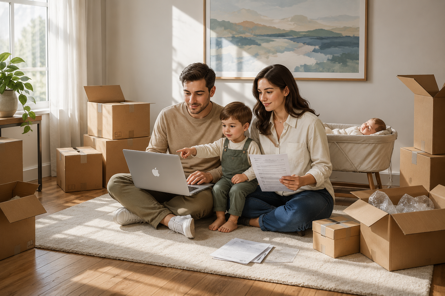 Family in Fairfax home planning their budget while unpacking moving boxes Family in Fairfax home planning their budget while unpacking moving boxes