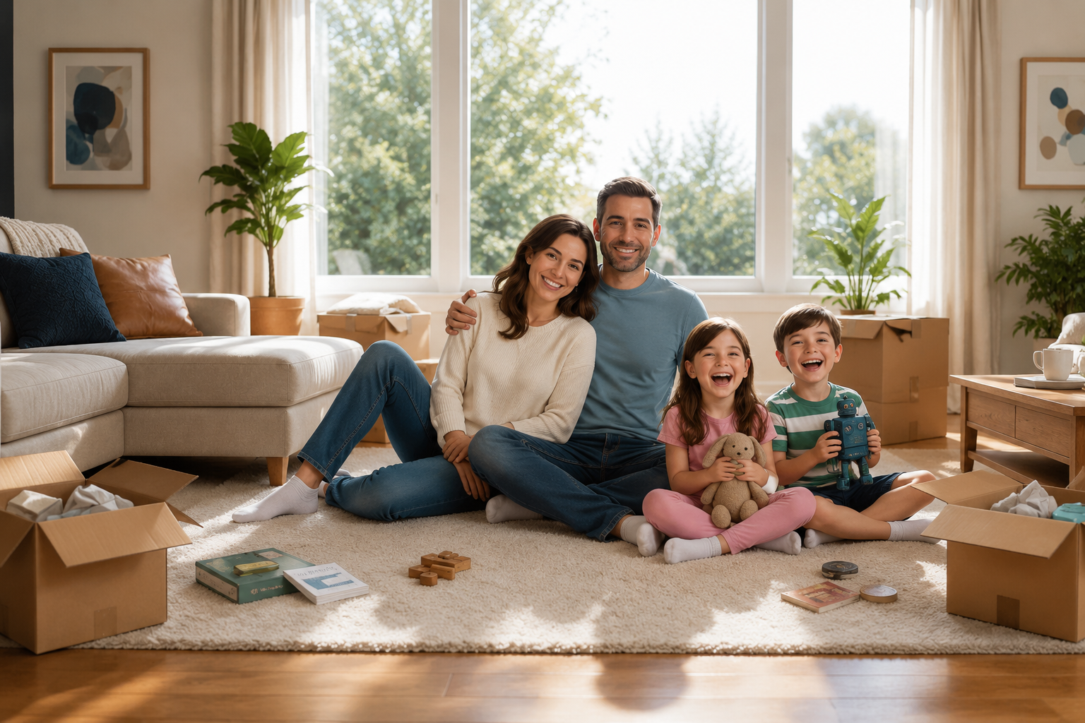 Photorealistic interior of a bright Fairfax family home with moving boxes partially unpacked, parents and two kids sitting on the floor looking relaxed and smiling Photorealistic interior of a bright Fairfax family home with moving boxes partially unpacked, parents and two kids sitting on the floor looking relaxed and smiling