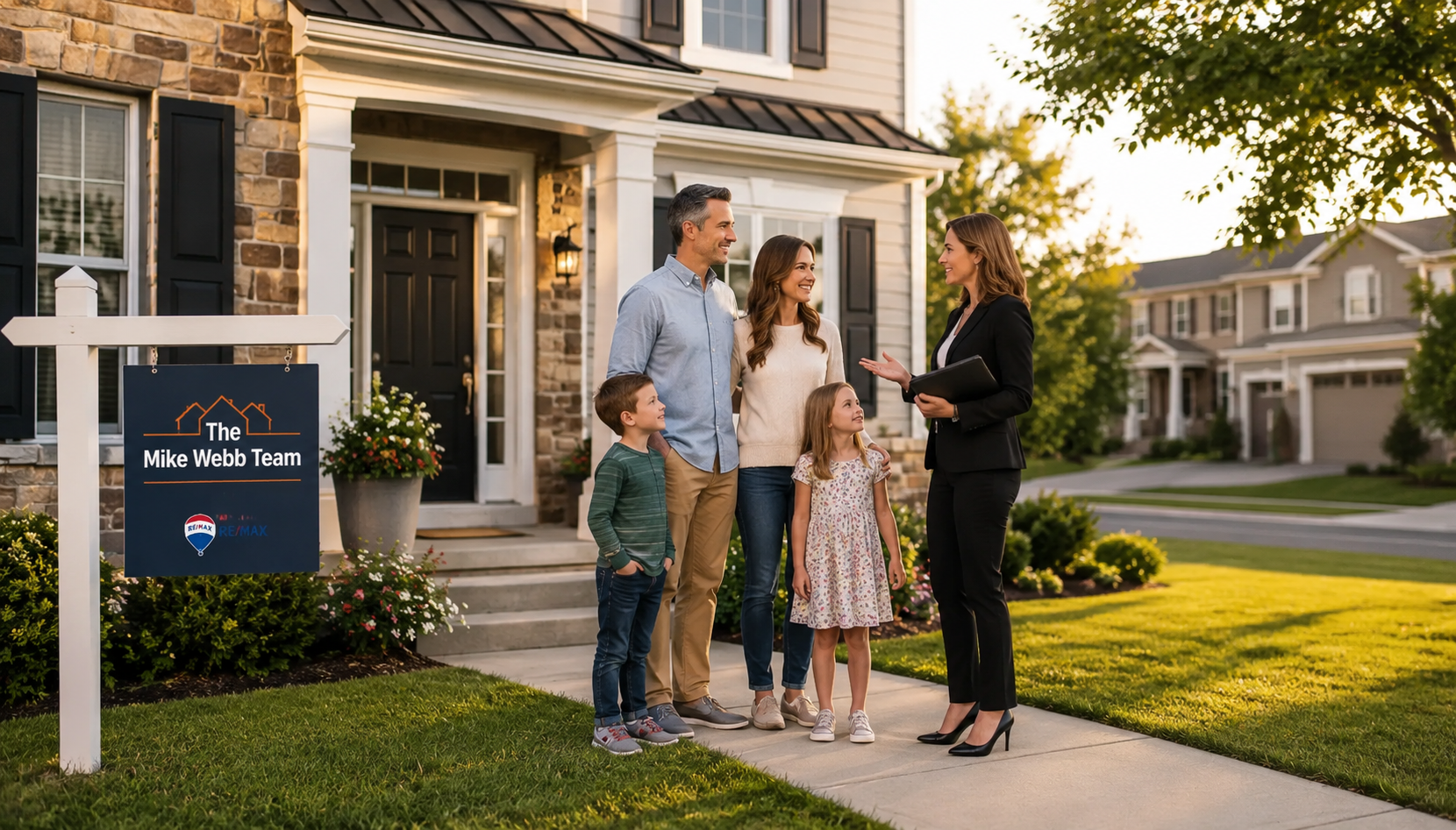 photographic realistic scene of a young family and a real estate agent standing on the front walkway of a neutral-toned suburban home in Woodbridge VA, late afternoon light, calm residential street, soft navy and warm ivory accents, subtle text overlay in clean sans serif reading 'Buy Now or Wait?' and 'Making a Smart Move in Woodbridge, VA'